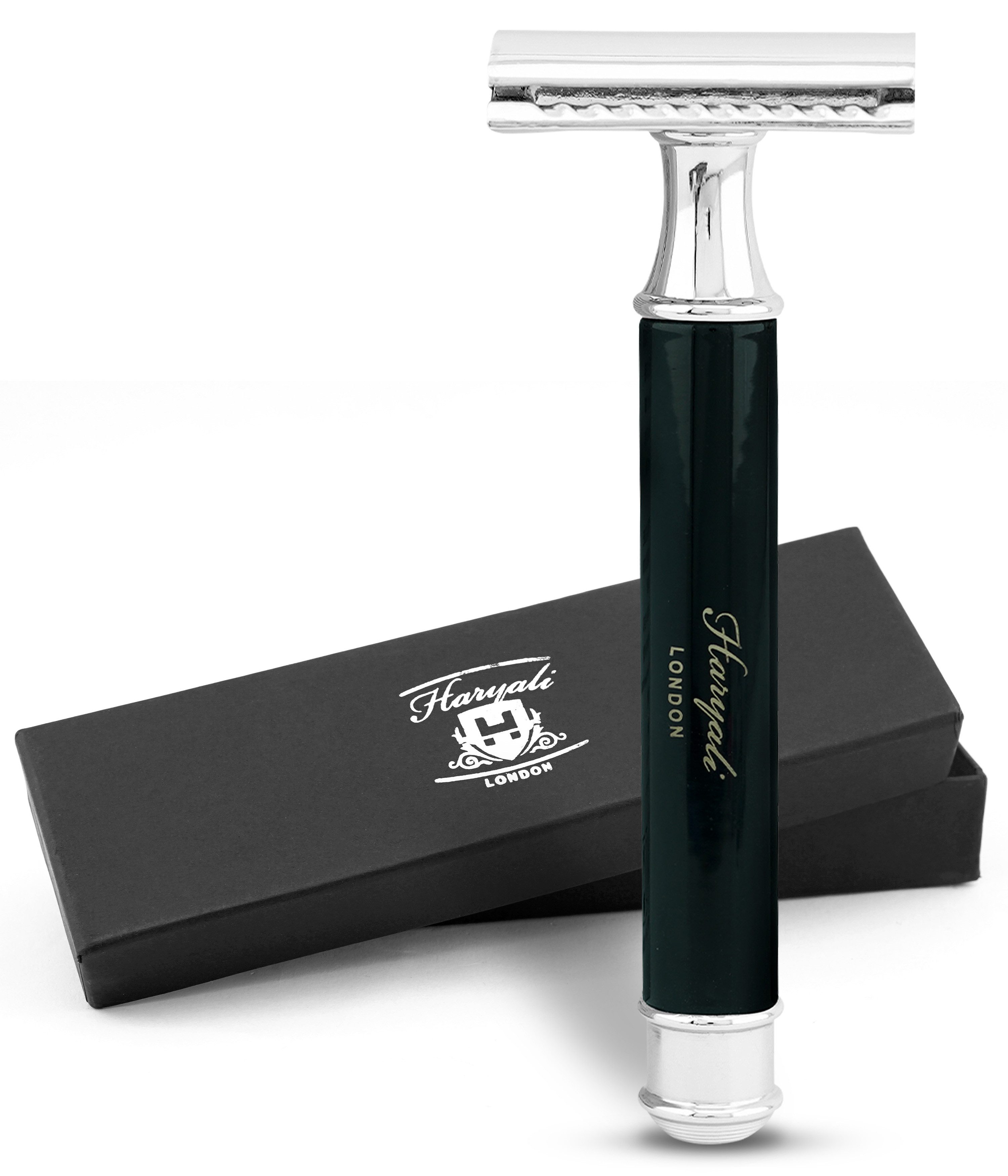 Haryali London Nassrasierer De Rasierhobel für Damen und Herren, glatter Metallgriff, schwarz, Packung, Rutschfester Nassrasierer aus hochwertigem Messing Silber, Waschbarer, rutschfester, glänzender Griff, bestes Rasierergebnis