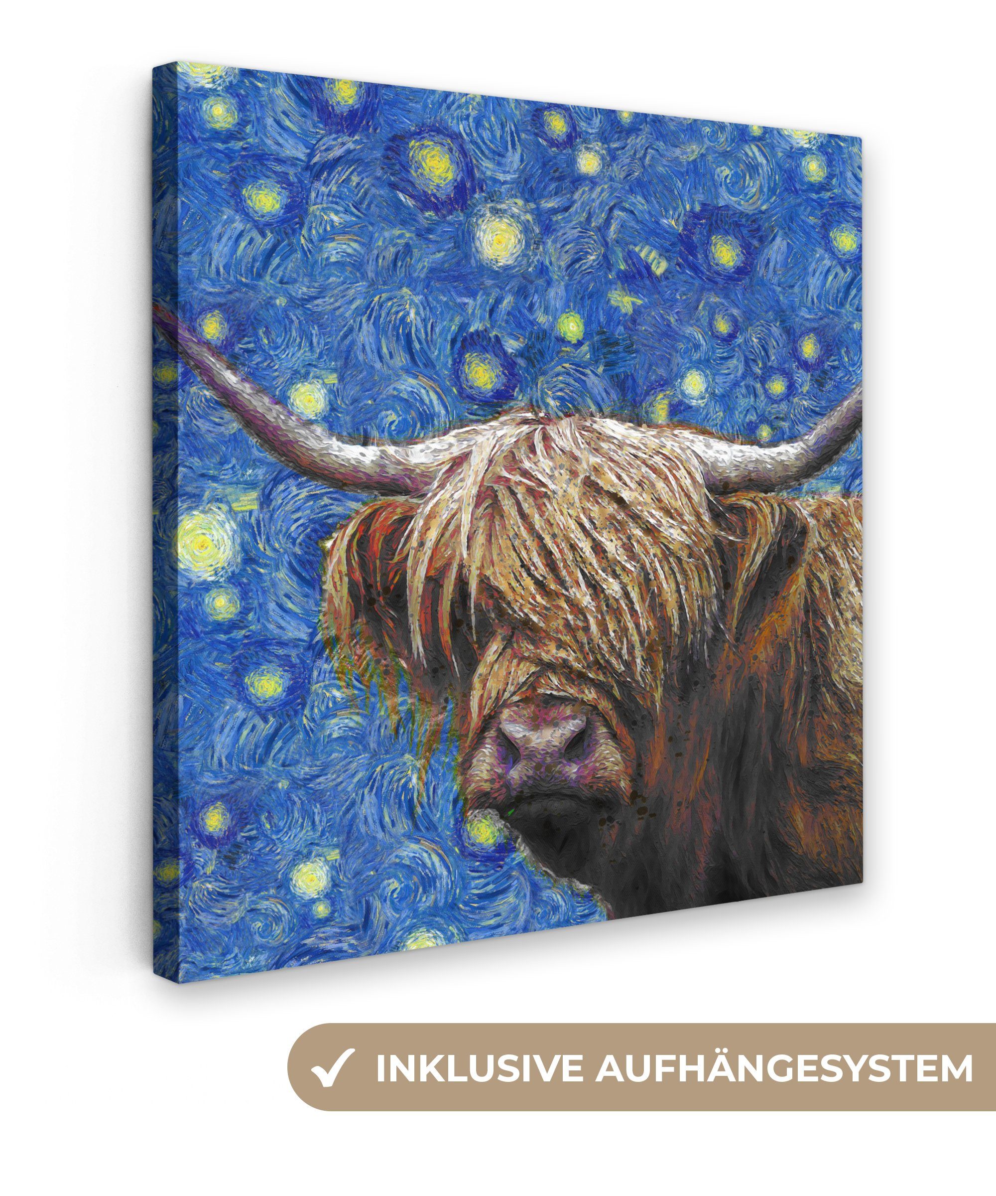 OneMillionCanvasses® Leinwandbild Van Gogh - Sternennacht - Schottischer Highlander, (1 St), Leinwand Bilder für Wohnzimmer Schlafzimmer, 20x20 cm