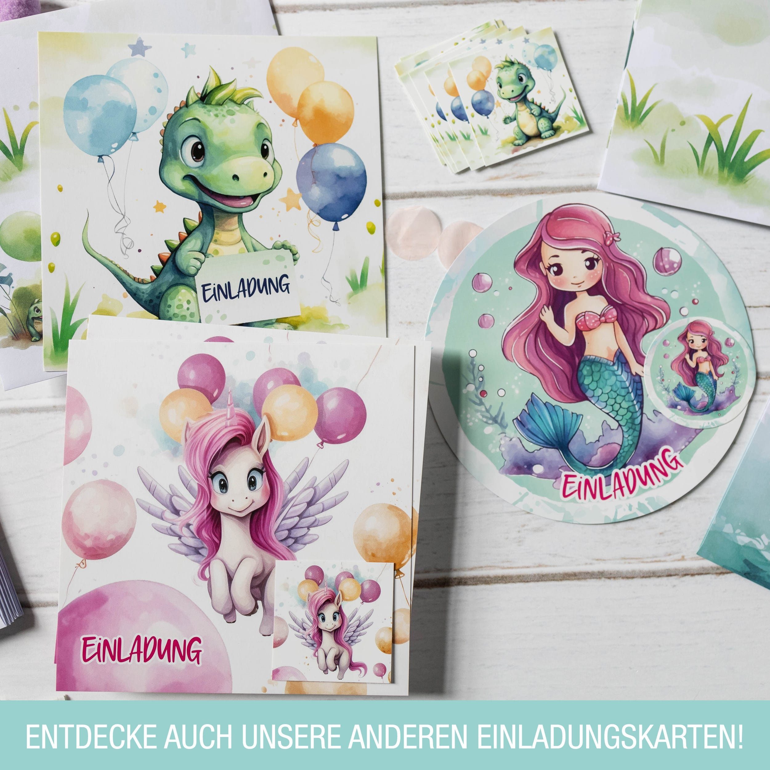 inkl Einladung Kindergeburtstag Meerjungfrau Geburtstag Sticker, Runde TOBJA Grußkarte Mädchen Kinder XXL Umschläge & Einladungskarten