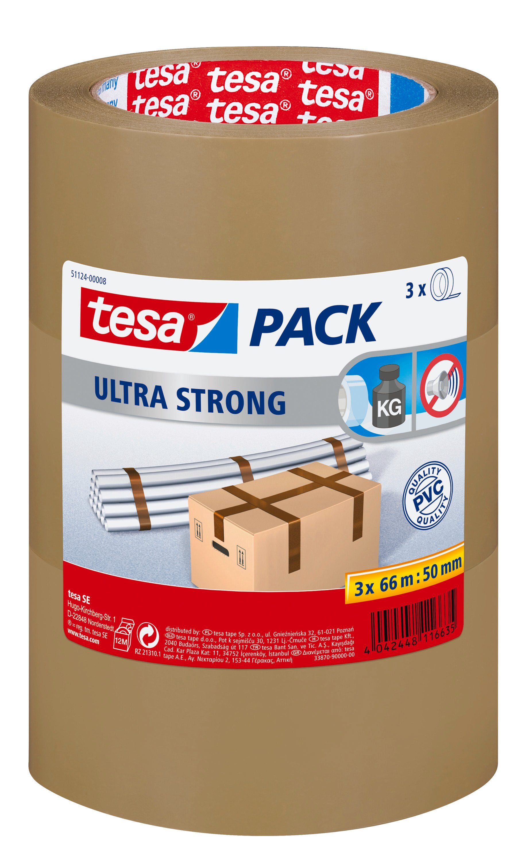 tesa Klebeband tesapack ULTRA STRONG extra starkes Paketklebeband (Spar-Set, 3-St) Packband - einfaches Verpacken & Verschließen - braun