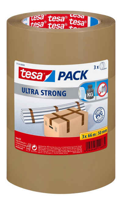 tesa Klebeband tesapack ULTRA STRONG extra starkes Paketklebeband (Spar-Set, 3-St) Packband - einfaches Verpacken & Verschließen - braun
