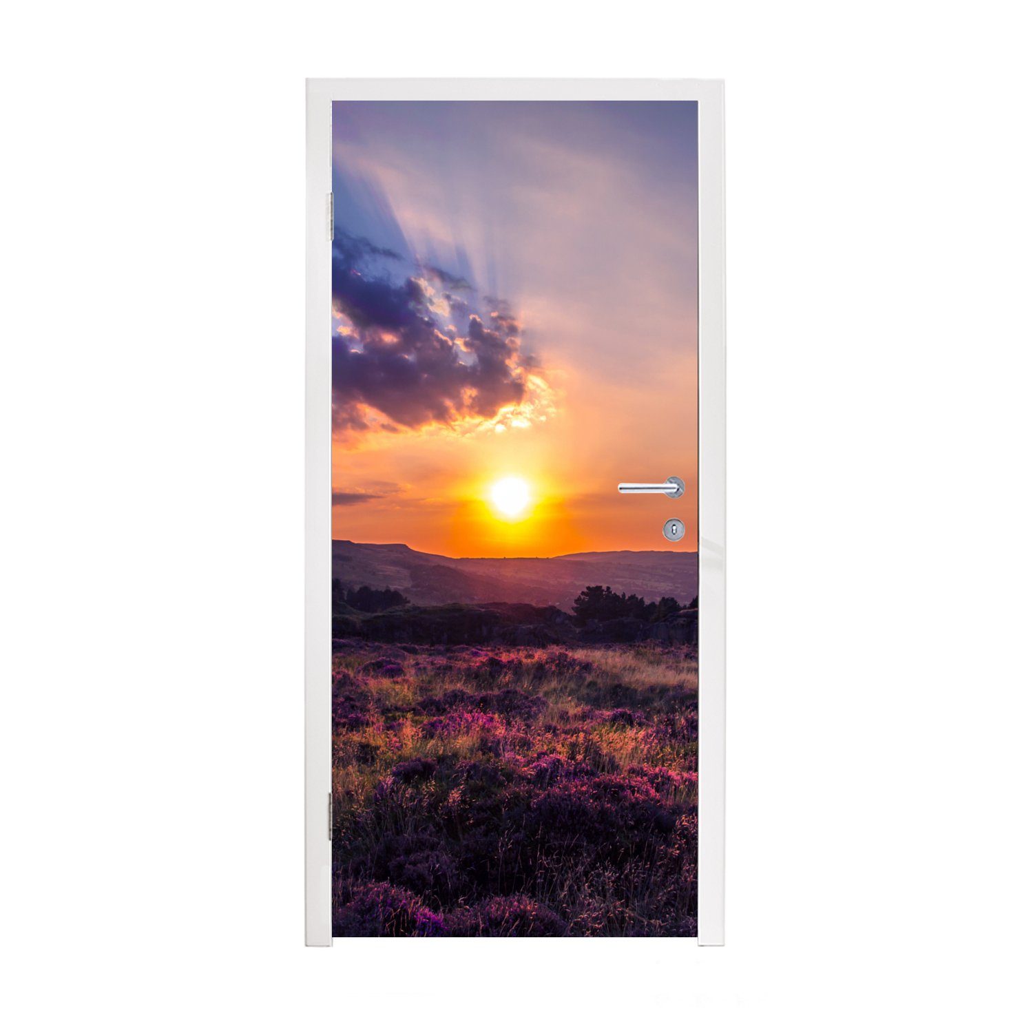 der Sonnenuntergang Türaufkleber, MuchoWow cm Fototapete bedruckt, Matt, Tür, Heidelandschaft, St), (1 75x205 für Türtapete in