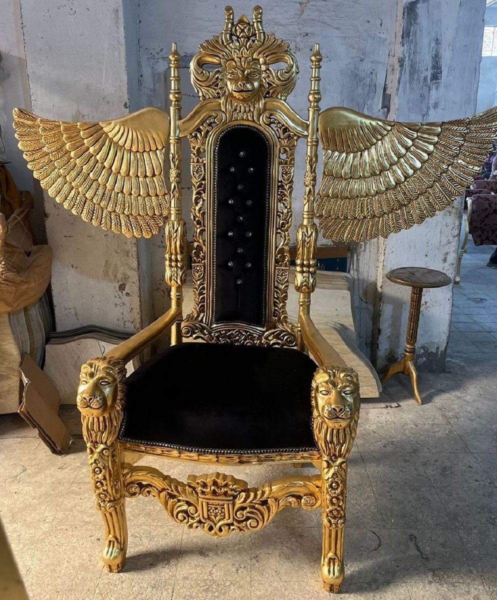 Casa Padrino Кресла Casa Padrino Barock Thron Кресла mit edlem Samtstoff und Glitzersteinen Schwarz / Gold - Handgefertigter Königssessel - Hochzeitssessel - Riesensessel - Barock Möbel - Edel & Prunkvoll