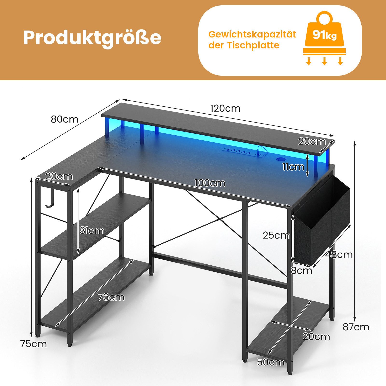 COSTWAY Computertisch, mit Steckdosen, LEDs, Monitorständer, Regalen & Tasche