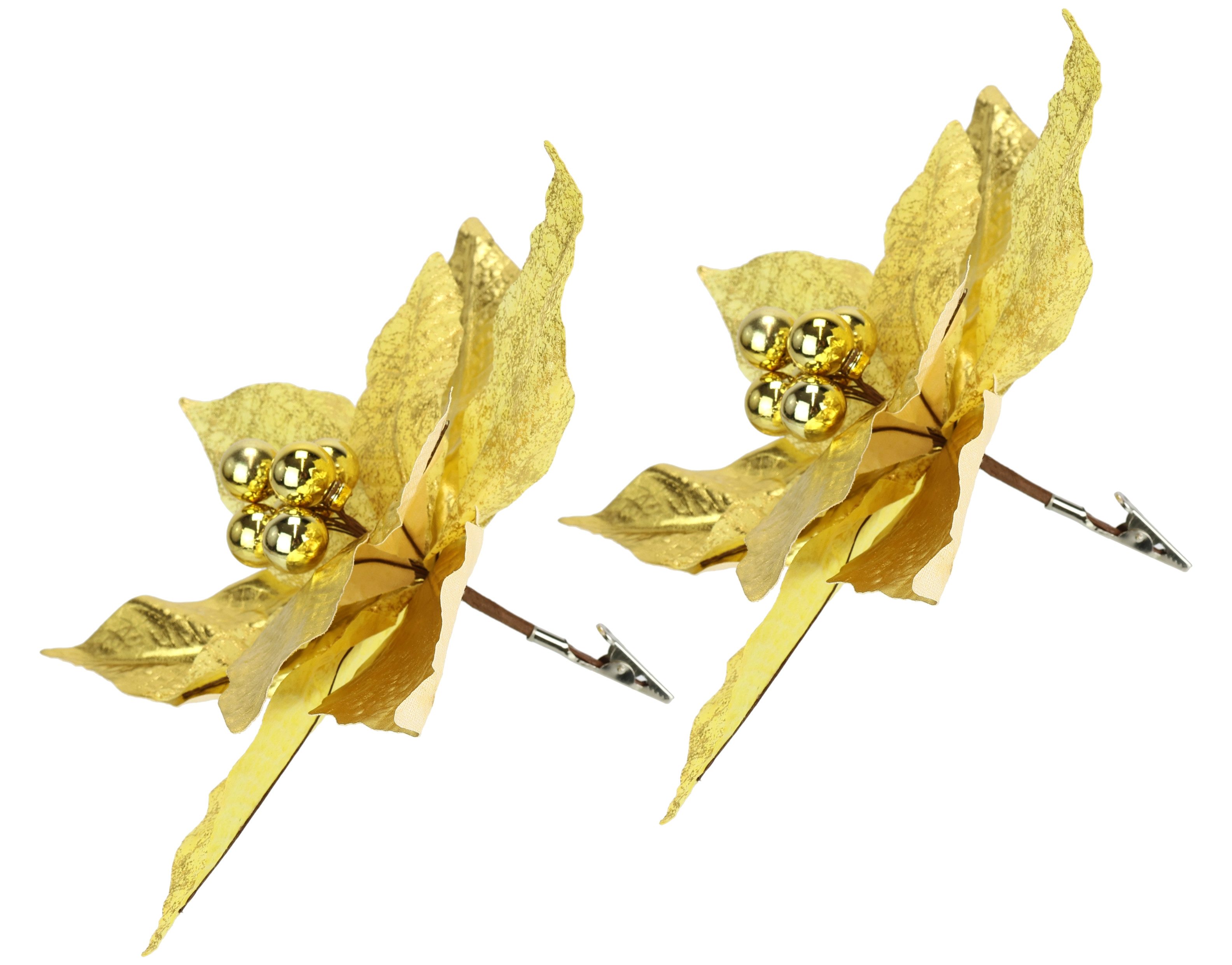 I.GE.A. Dekohänger Poinsettia auf Clip (2 St), 2er Set 28cm Weihnachts-Christstern künstlich Weihnachtsblume gold