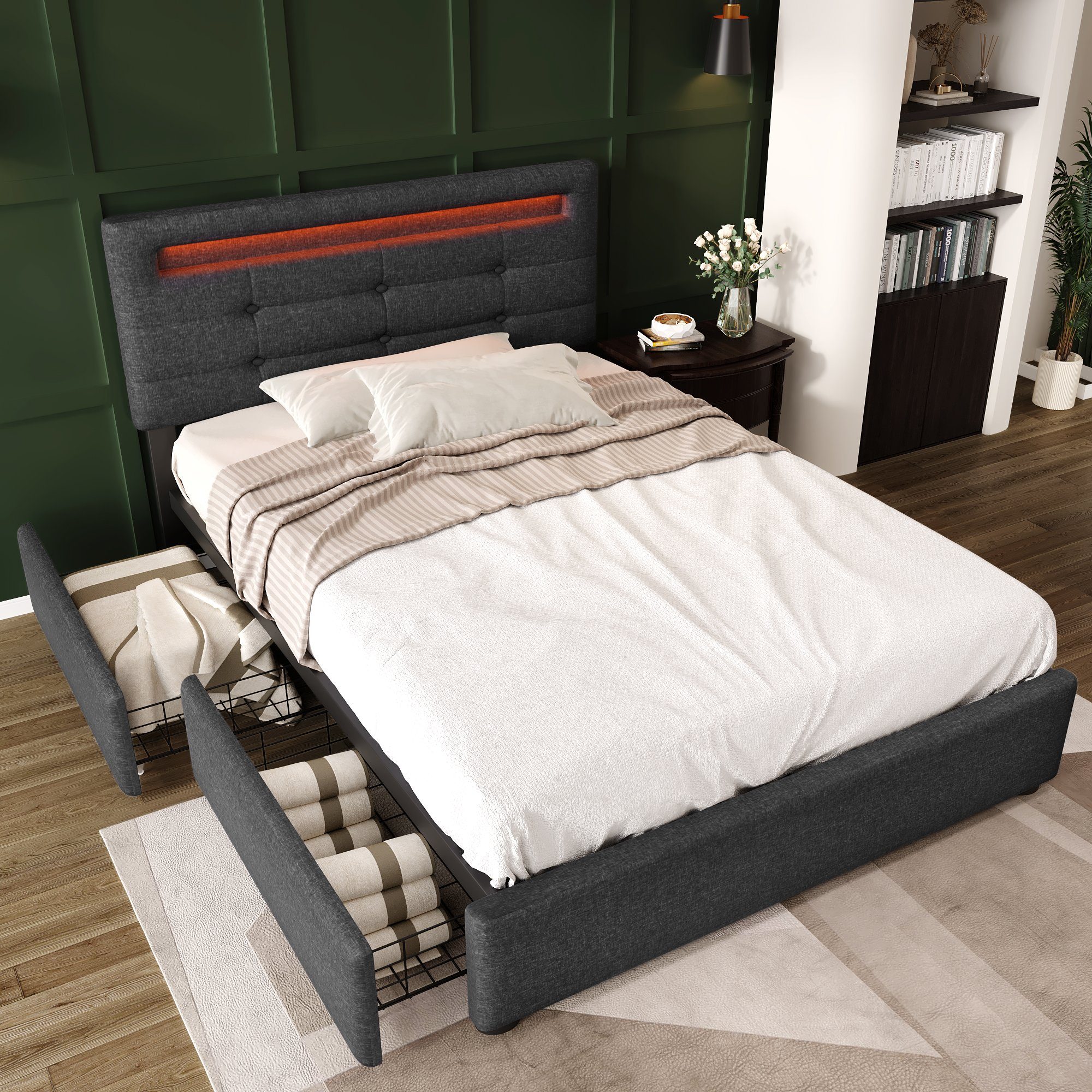 REDOM Polsterbett Polsterbett Bett (ohne Doppelbett Schubladen mit Einzelbett Massivholz, Grau Matratze/mit Funktionsbett aus Matratze), 90×200cm/140×200cm