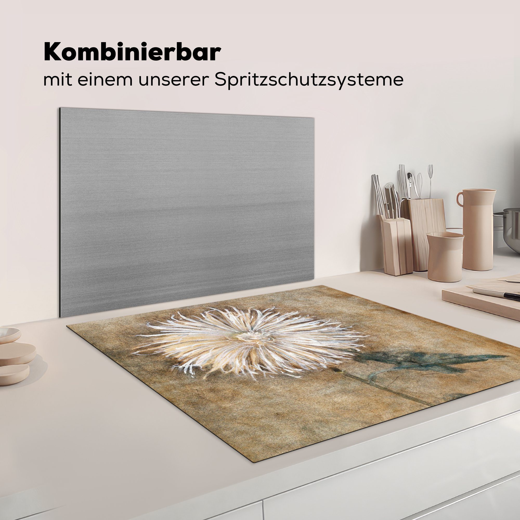 MuchoWow Herdblende-/Abdeckplatte Chrysantheme - Alte - Ceranfeldabdeckung, Vinyl, Meister, küche tlg), für (1 cm, Arbeitsplatte 78x78 Piet Mondrian
