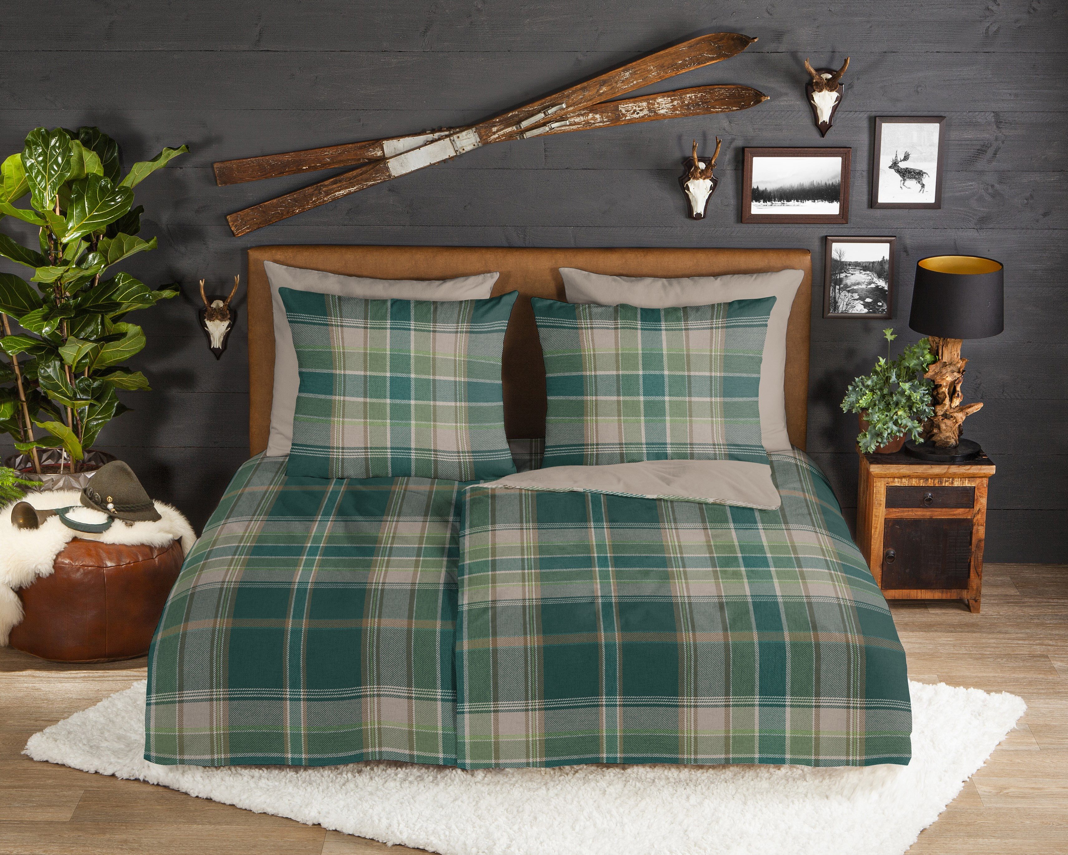 good morning Wendebettwäsche Dirkje, Biber, Flanell, 2 teilig, Flanell, Biber, Winter, Warm, Reißverschluss, Wendeoptik, Karo, grün