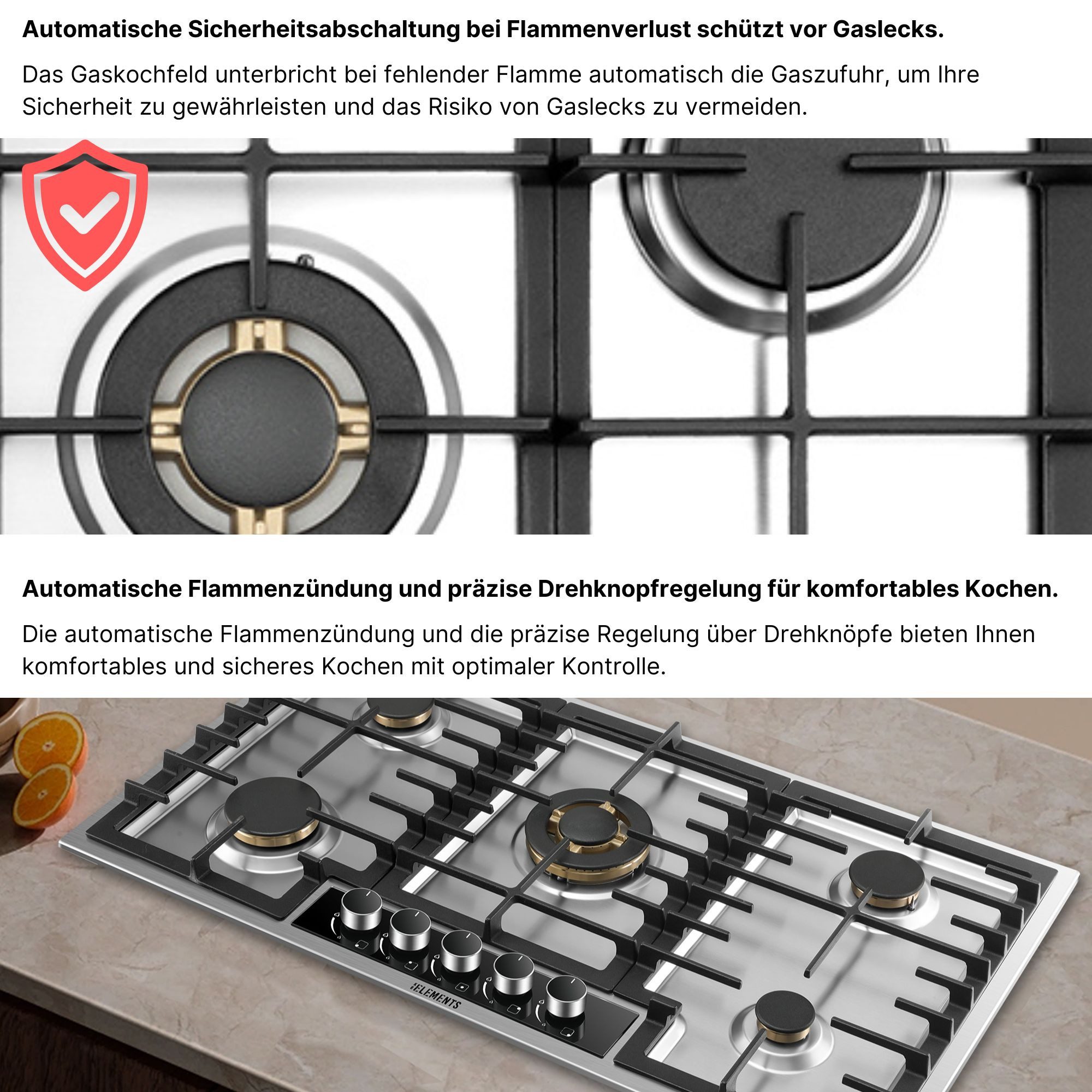 KB Elements Gas-Kochfeld, Vollkupfer-Brenner, Wok-Dreifachbrenner, 304 Edelstahlgehäuse, NG/LPG