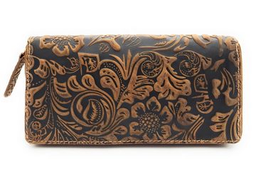 JOCKEY CLUB Geldbörse echt Leder Damen Portemonnaie mit RFID Schutz "Liane", Reißverschluss Geldbeutel, florale Prägung, cognac braun