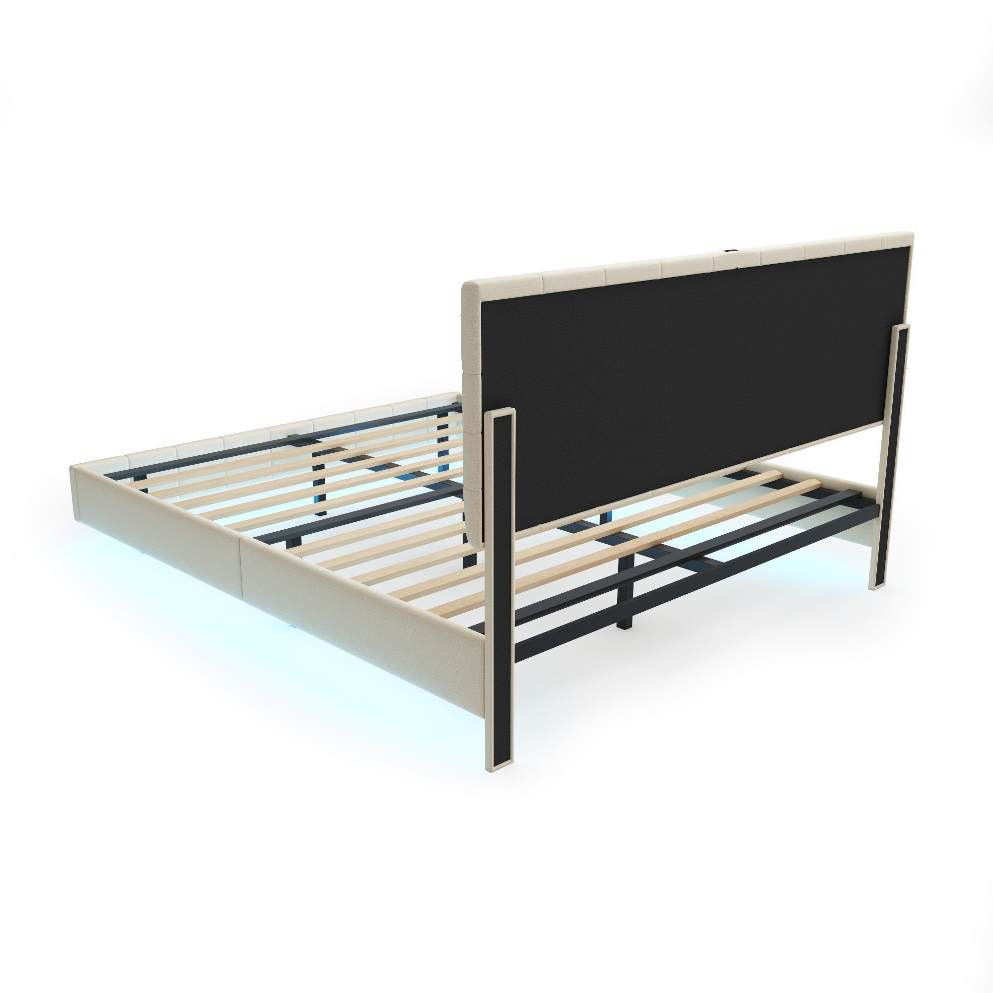 Polsterbett (LED Doppelbett), mit USB Ladefunktion und höhenverstellbarem Kopfteil 160x200cm, Leinen