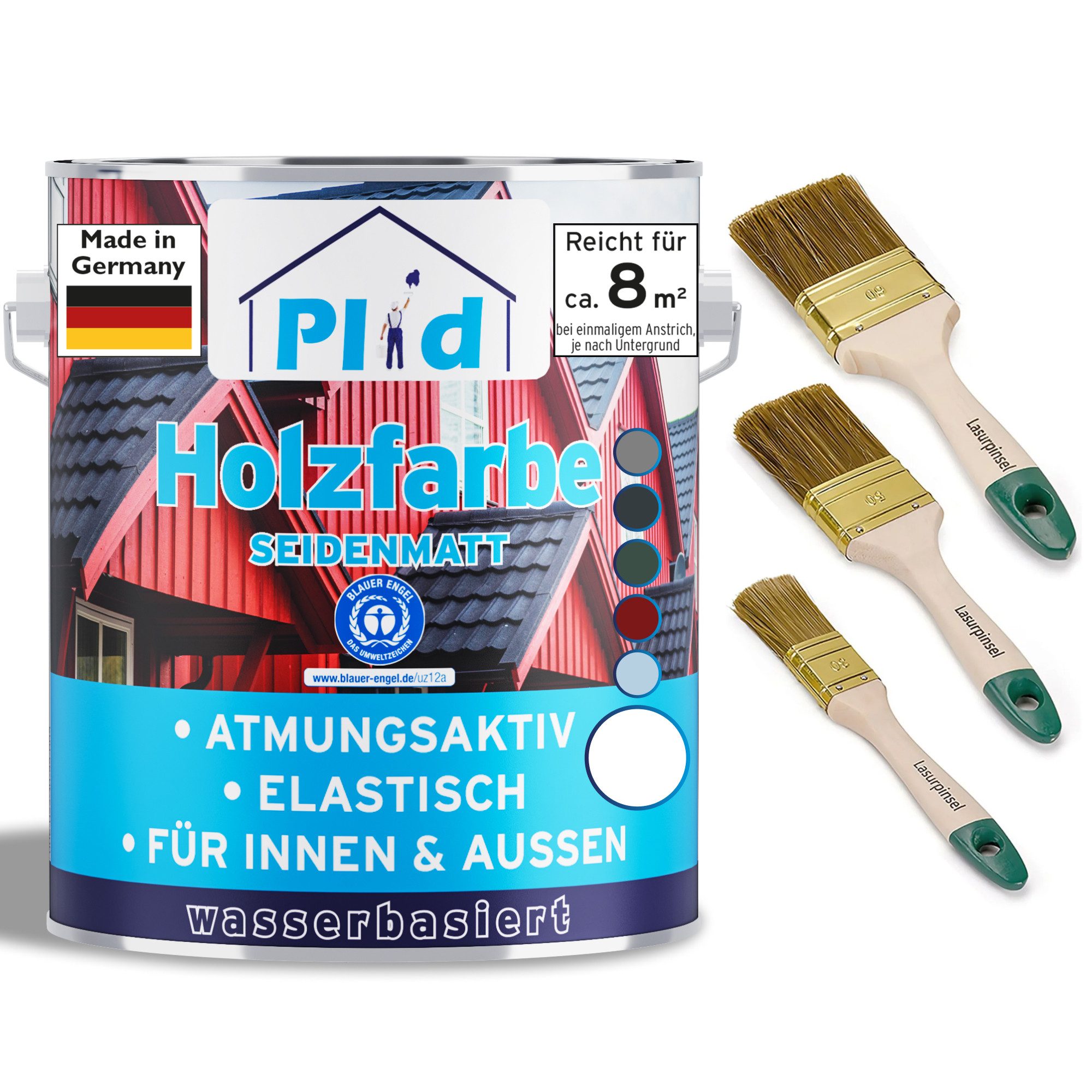 plid Holzlack Holzfarbe Holzschutzfarbe Holzlack Innen & Außen 3er Pinselset, Schnelltrocknend, verarbeitungsfertig
