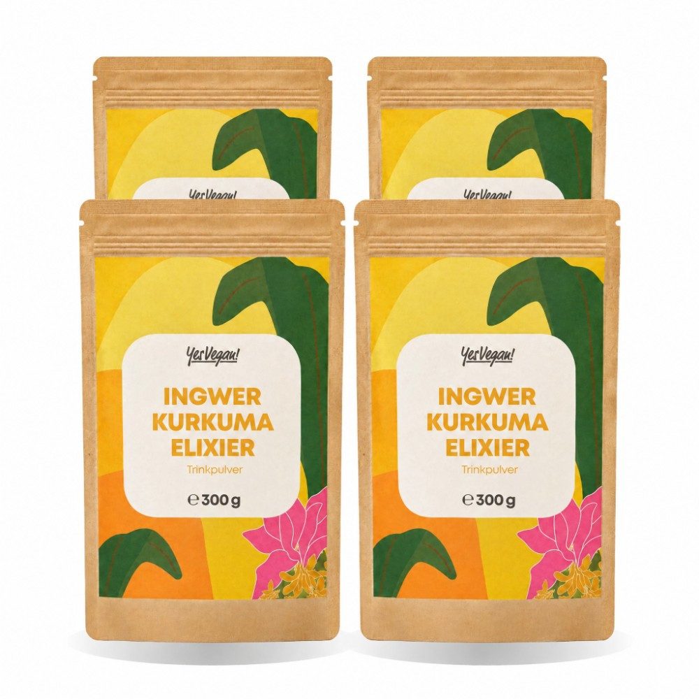 Yes Vegan Ingwer Shot mit Kurkuma für Goldene Milch & Tee Pulver, 4 er Spar-Set à 300 g, vegan, laktosefrei, glutenfrei