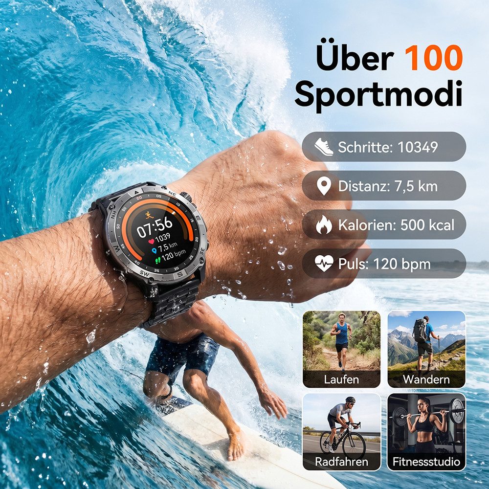 Vashoy Smartwatches für Damen und Herren mit Bluetooth Anrufe & AMOLED Smartwatch (390mm cm/1.43-1.19 Zoll, Android4.4/ISO1.0) Spar-Set, 6-tlg., IP68 wasserdich – Bild 5 von 5