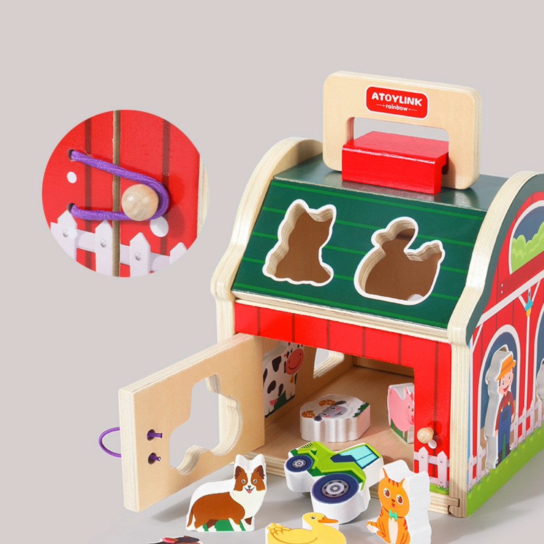 White Fox Studio Steckspielzeug Holz Steckhaus Bauernhof, Montessori Sortierspiel Kinder bis 3 Jahren, (Tiere), Hand-Auge-Koordination, Feinmotorik