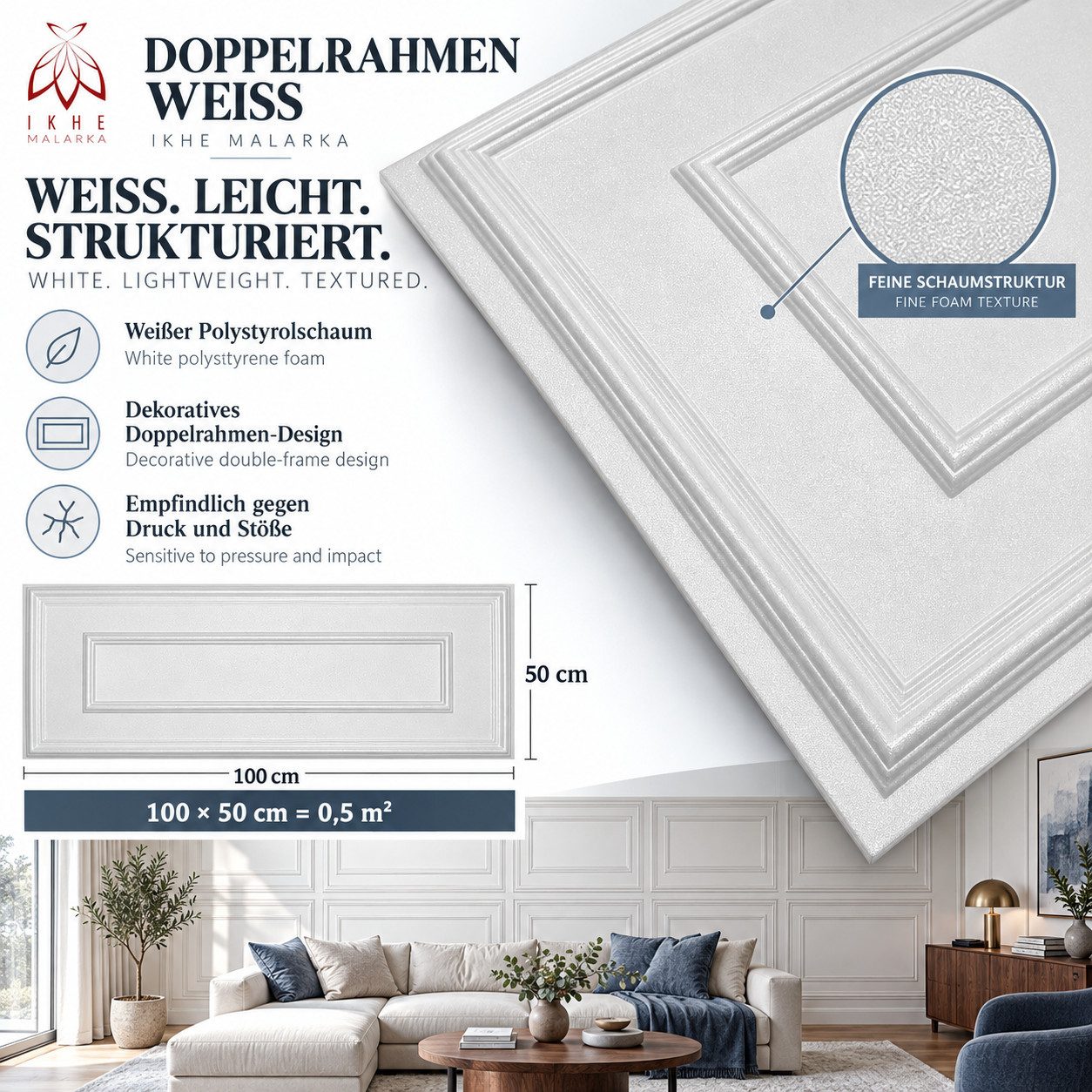 IKHEMalarka 3D Wandpaneel Betonoptik Marmor Ziegel aus Polystyrol Styropor XPS, BxL: 50,00x100,00 cm, 0,50 qm, (1 Stück, 0,5m) Deckenpaneelen - 3mm dick - 100x5 – Bild 3 von 5