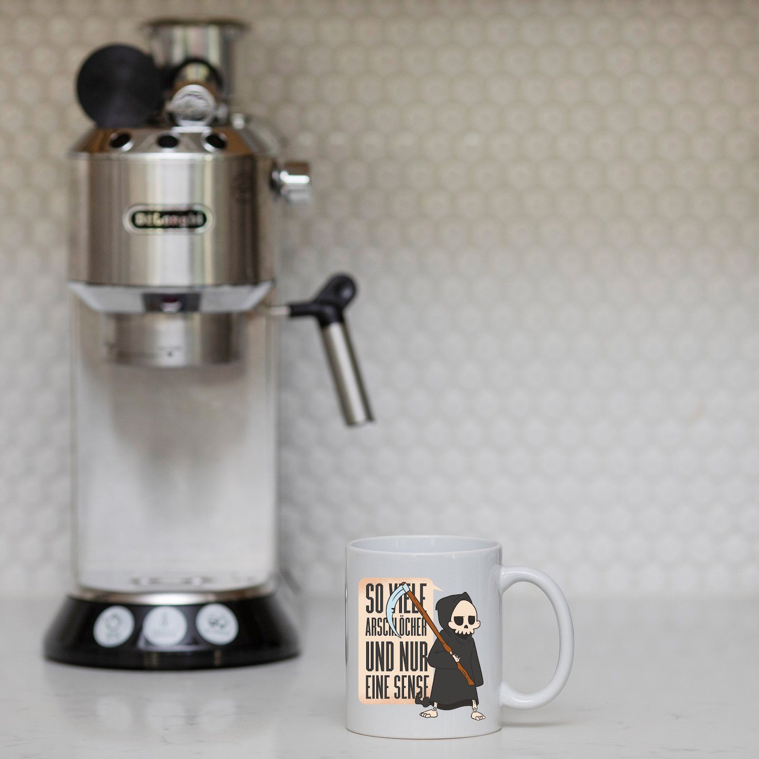 lustigem Keramik, Weiss Kaffeetasse eine Sense mit Nur Designz Skelett Print mit Spruch, Geschenk Tasse Youth