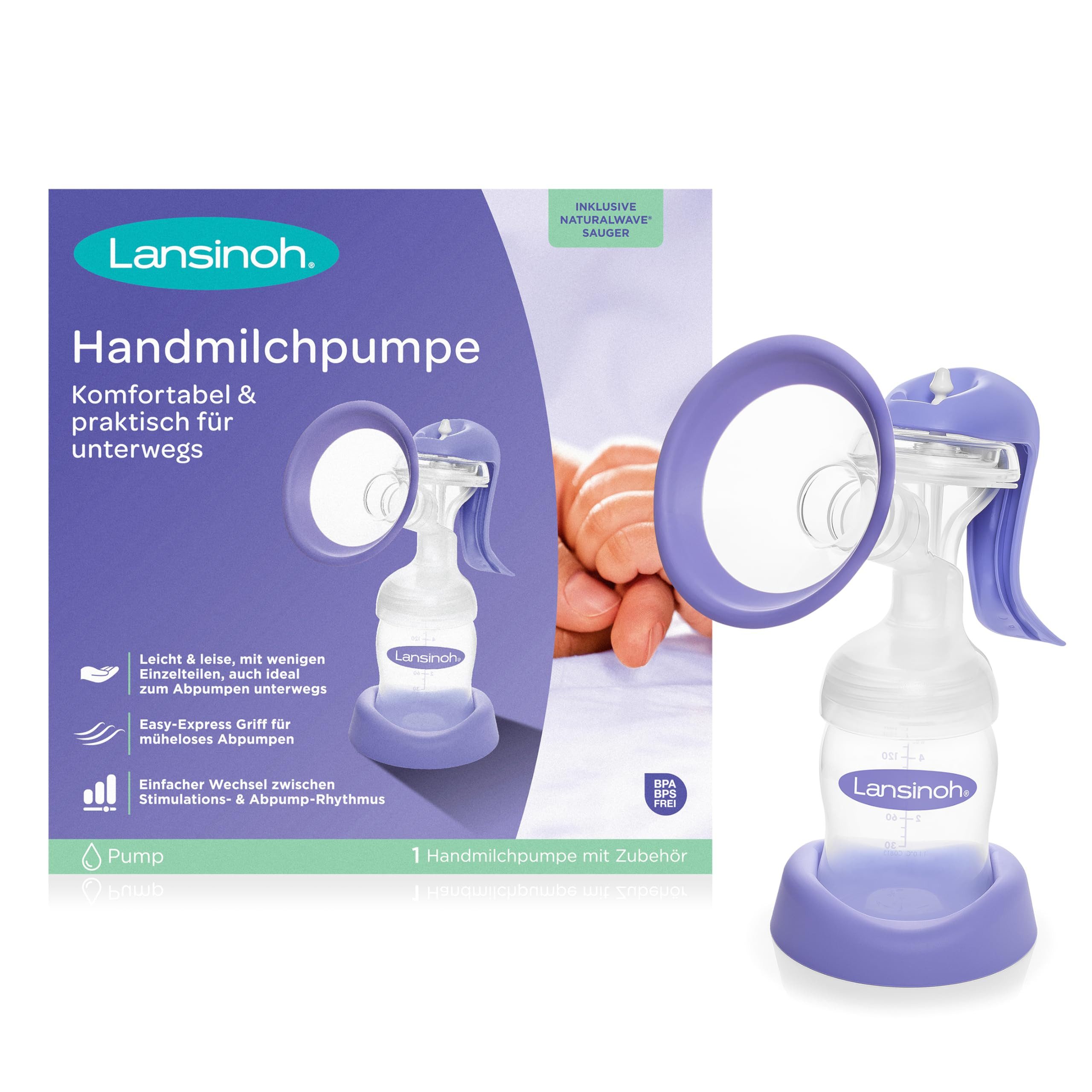 Lansinoh Handmilchpumpe Handmilchpumpe - manuelle Milchpumpe für sanftes und effektives Abpump, Manuell, 2-Phasen, BPA- und BPS-frei, ergonomischer Griff