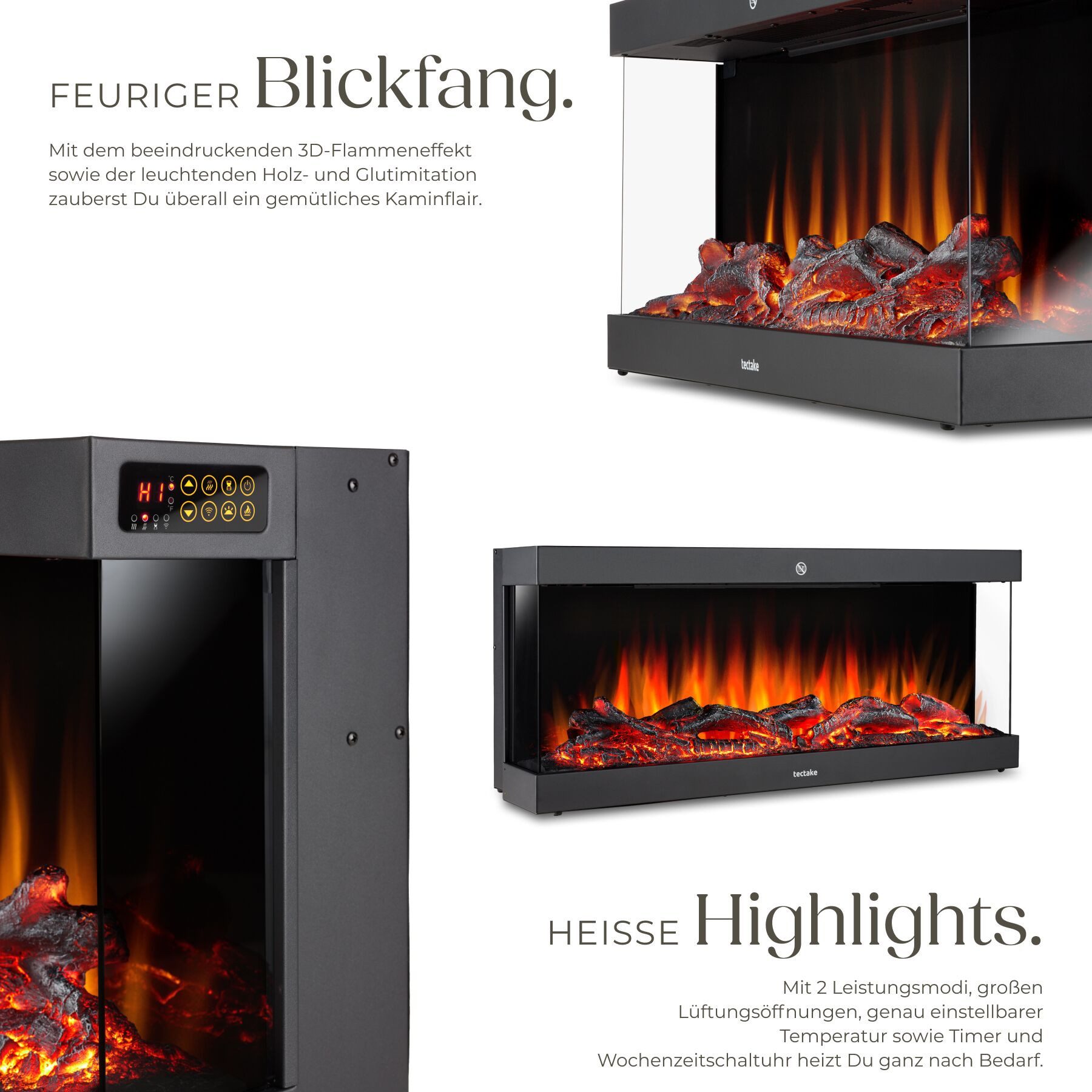 tectake Elektrokamin Elektro-Wandkamin, 2 Leistungsstufen mit 900 W und 1800 W