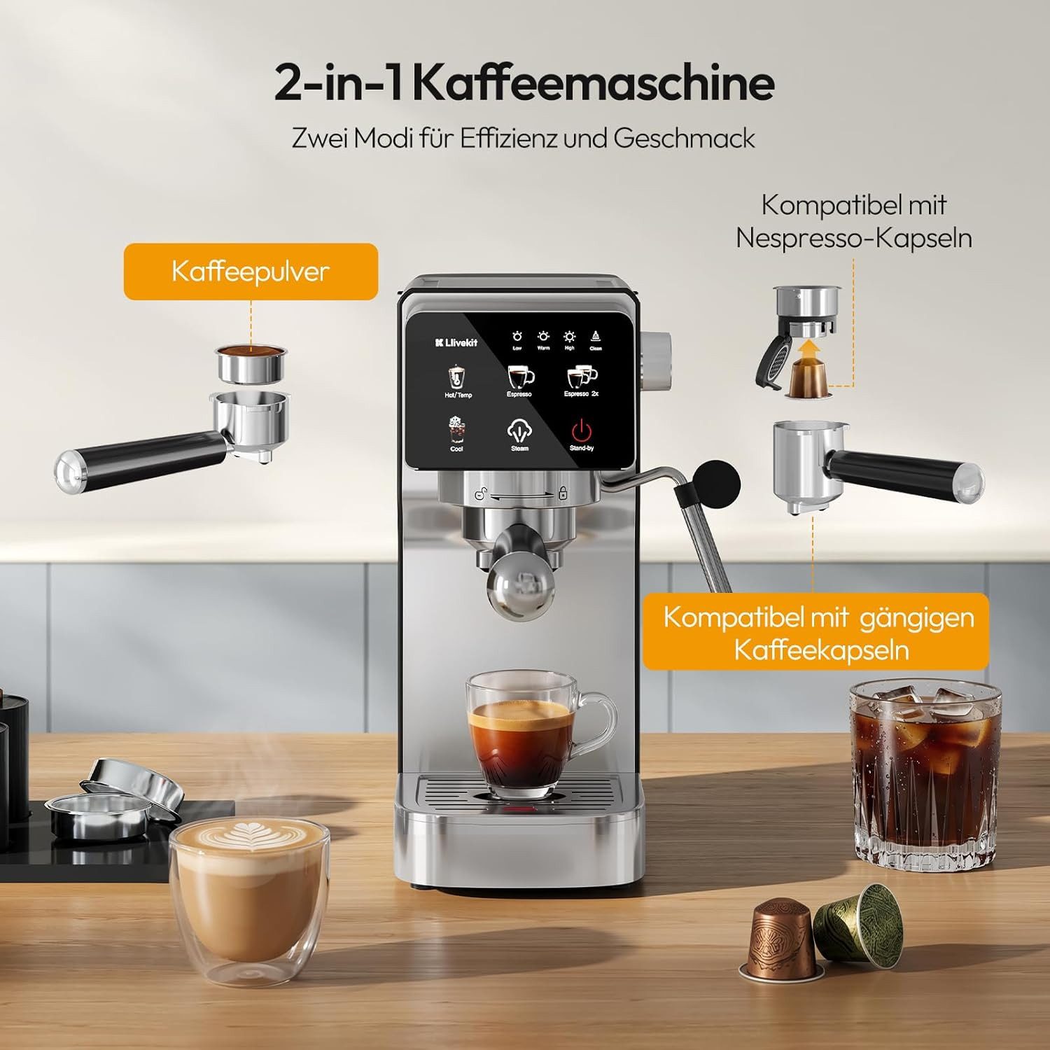 LLIVEKIT Siebträgermaschine, 20 Bar mit Milchaufschäumer, Kapsel & Kaffeepulver geeignet