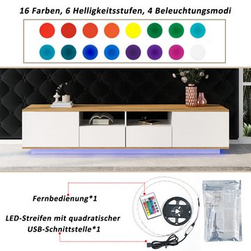 IDEASY TV-Schrank Aufbewahrungsschrank, Multifunktionsschrank, (16-Farben-LED-Licht, geeignet für 80-Zoll-Fernseher, 60*40*120 cm) Aufkleber mit Massivholzmaserung, 2 Schubladen, 6 Fächer