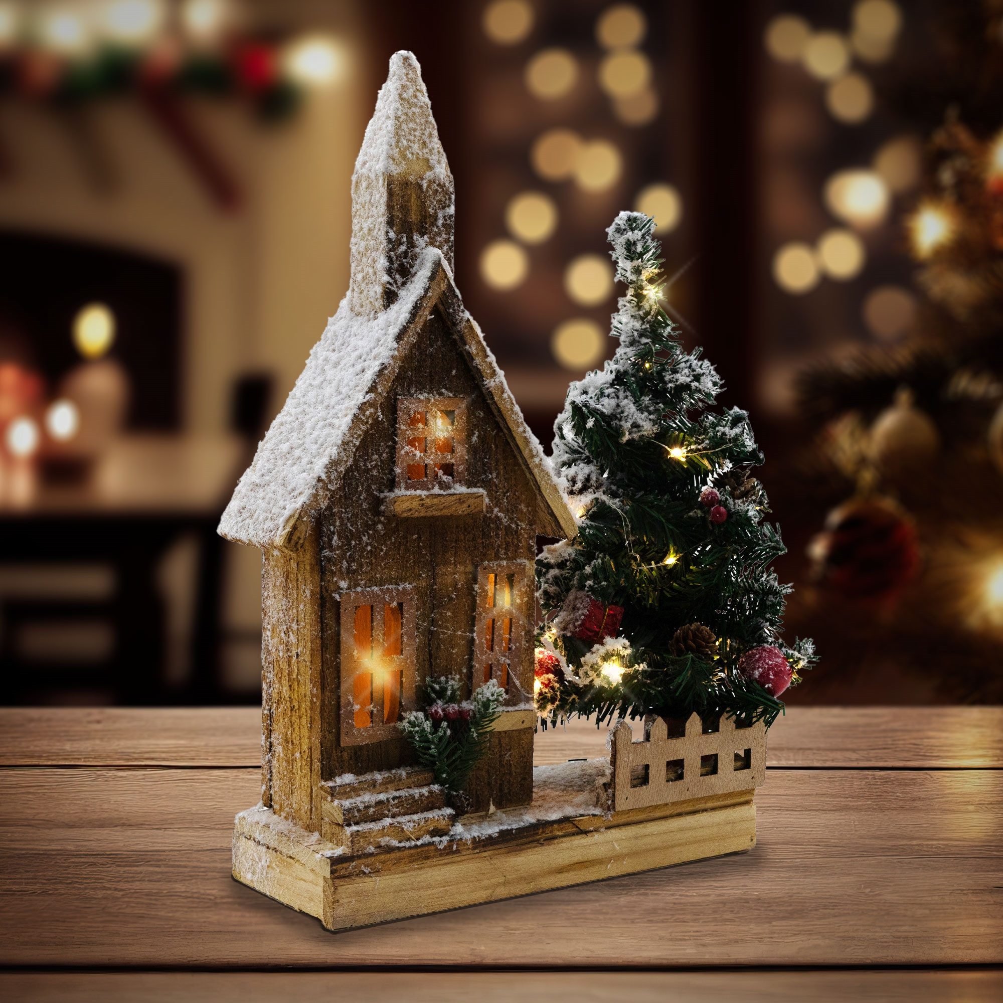 ECD Germany Weihnachtsdorf Weihnachtshaus beleuchtete Winterlandschaft Winterdorf Deko Holzhaus, Weihnachtshäuschen mit Baum 20 LEDs inkl. Timer für Innen Warmweiß