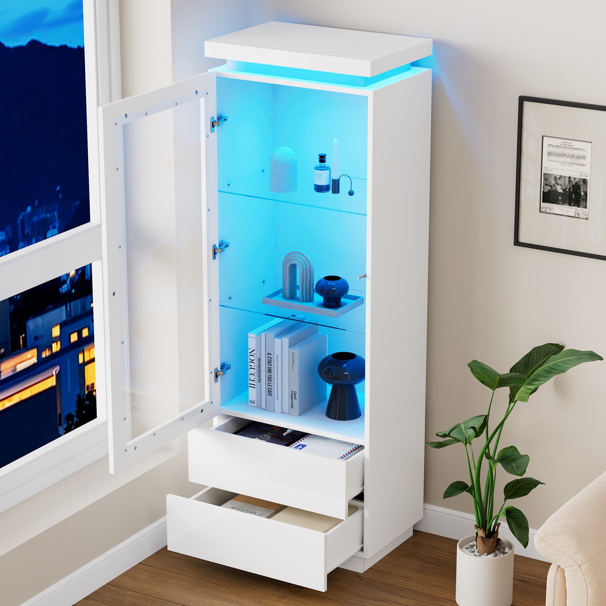 Merax Standvitrine Hochglanz Hochschrank schmal Wohnzimmerschrank mit LED-B günstig online kaufen