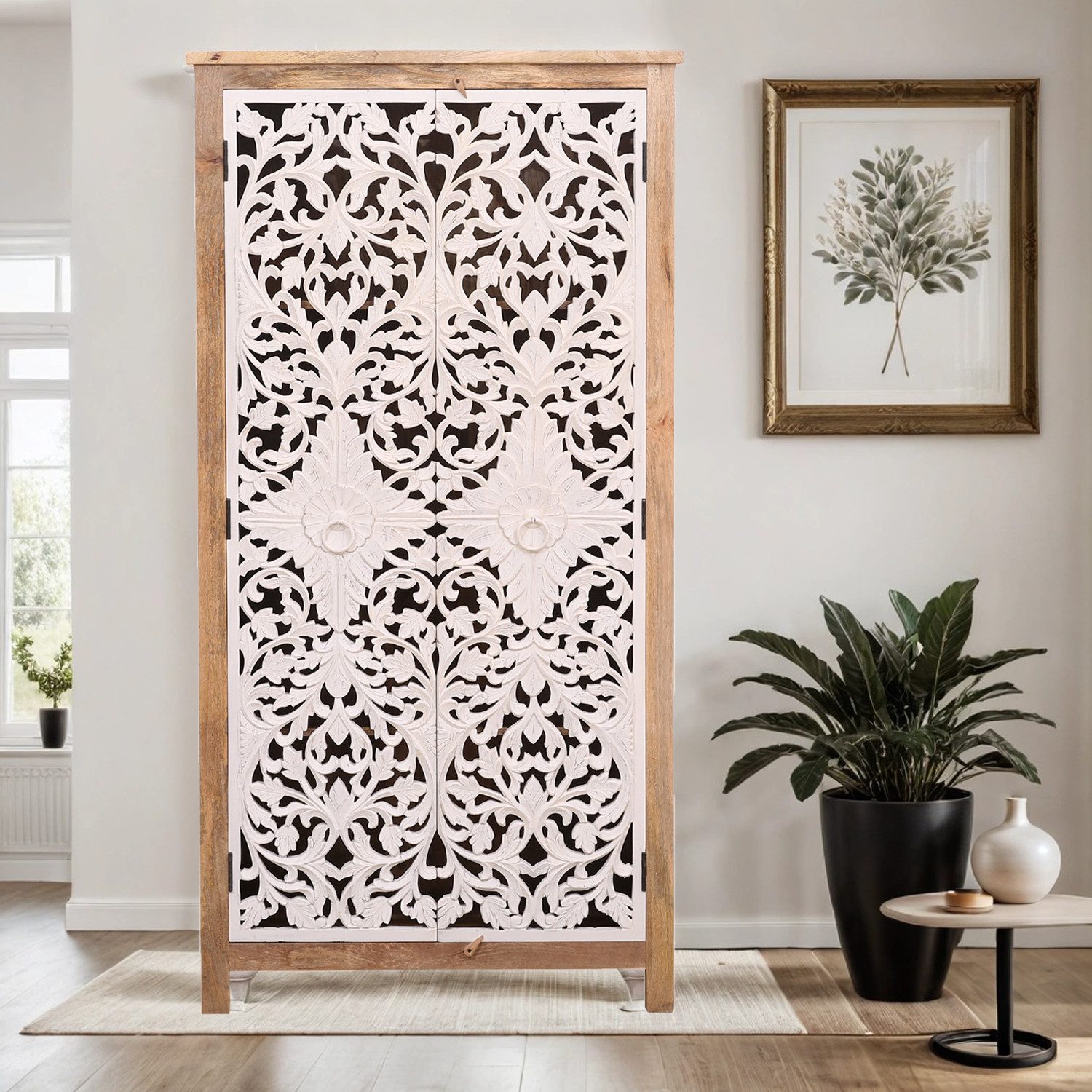 Marrakesch Orient & Mediterran Interior Highboard Boho Möbel Schrank Kleiderschrank Highboard aus Holz Braun Weiss Bulam (1 St), Handarbeit