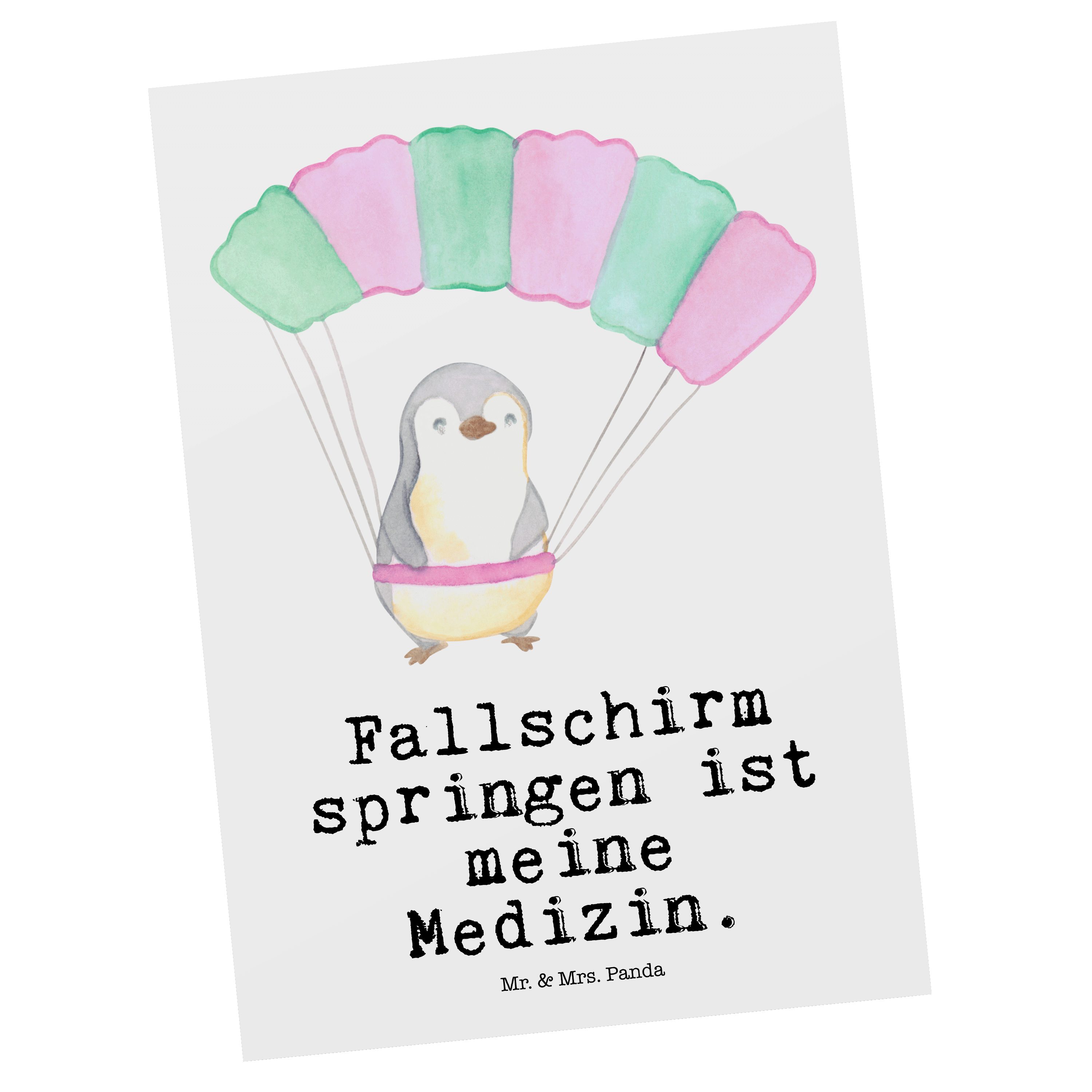 Mr. & Mrs. Panda Postkarte Pinguin Fallschirm springen Medizin - Weiß - Geschenk, Grußkarte, Spo