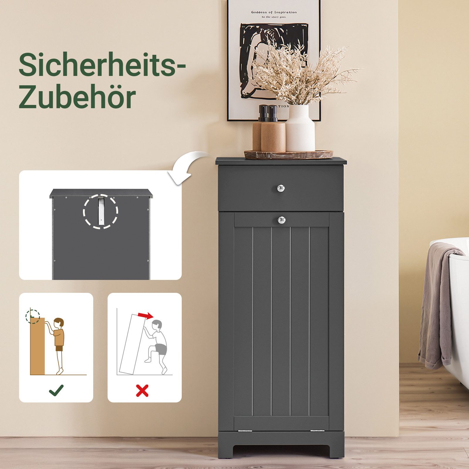 SoBuy Wäscheschrank BZR21, Badschrank mit Wäschekorb, Badkommode, Bad Waschküche Wohnung mit ausklappbarem Wäschetruhe Wäschesammler mit Schubladen Wäschekorb