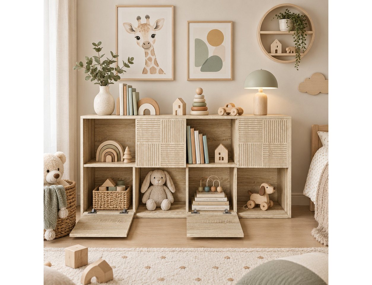 Simurq Bücherregal holz mit türen aufbewahrungsregal kinder bücherschrank mit fächern, 1-St, Stauraumregal mit 8 Fächer und 4 Türen, Flexible Aufstellung, Wohnzimmerregal Modernes Standregal Stauraumregal für Wohnzimmer Büro