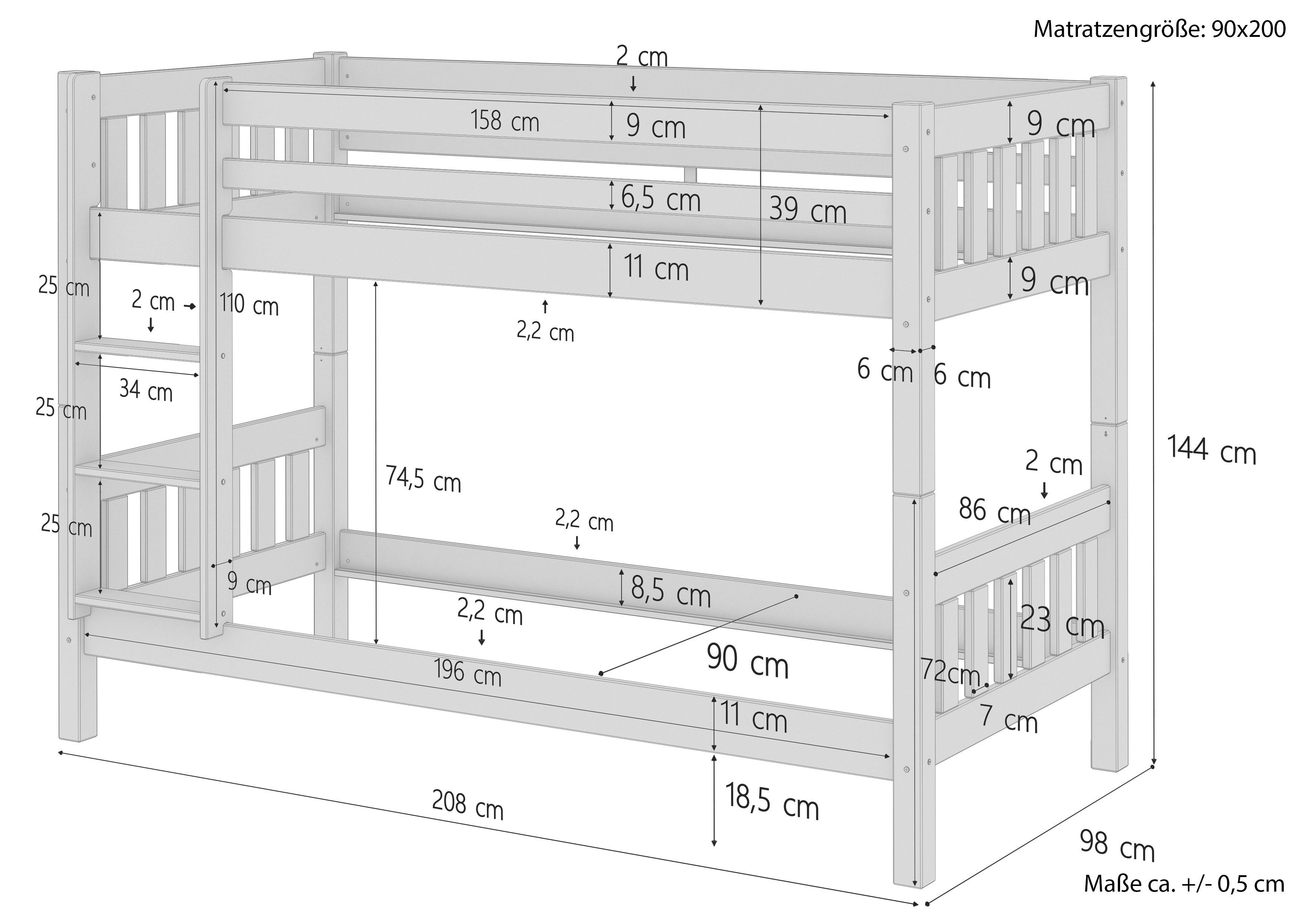 Stockbett Etagenbett 90x200 und ERST-HOLZ Kiefer mit weiß Rollrost Bettkasten