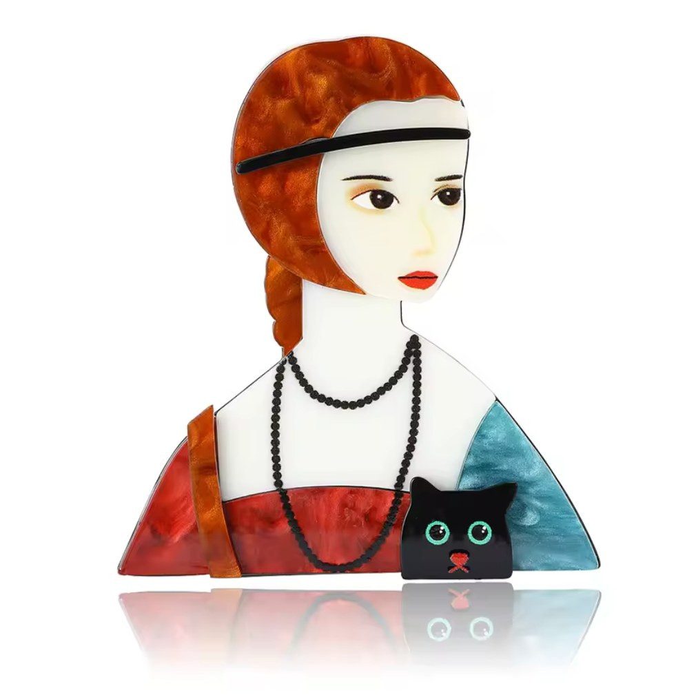 Brosche Acryl Brosche Kunstmotiv "Das Mädchen mit Katze"