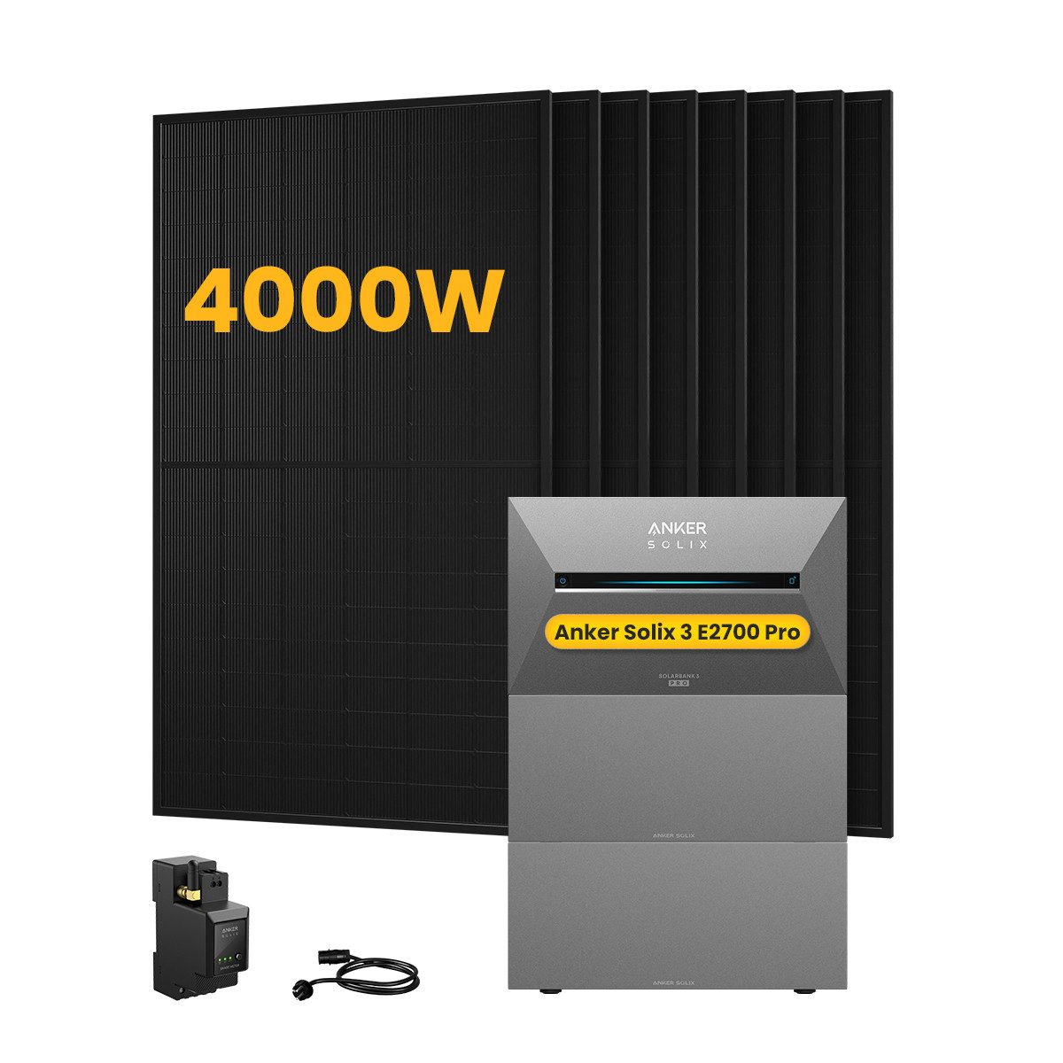 Anker Balkonkraftwerk 4000W Anker SOLIX Solarbank 3 E2700 Pro mit Smart Meter, Zusatzsakkus, (Smart Meter und 8x 500Wp Full Black im Lieferumfang enthalten), Speicher mit integriertem Wechselrichter, All-in-One 2,668kWh Akku