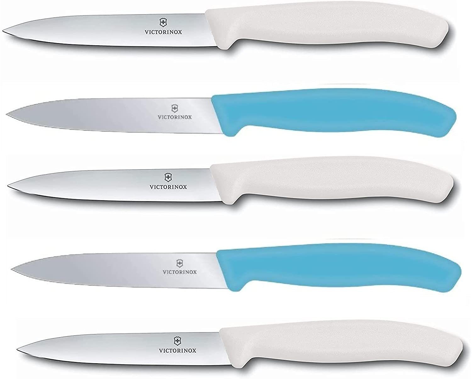 Victorinox Gemüsemesser Gemüsemesser Set 10 cm Klingenlänge, 5-teilig, rostfreier Edelstahl, Karibikblau und weiß, ergonomischer Griff, ideal für Küche und Camping