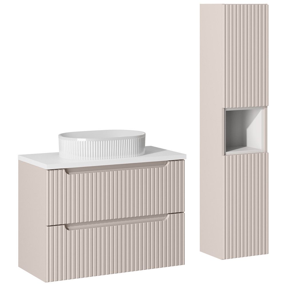 Lomadox Badmöbel-Set NEWPORT-56-CASHMERE, (Spar-Set, 2-St., Waschtisch Keramik-Aufsatzbecken Hochschrank Regaleinsatz), mit 80cm Waschtisch, Keramikwaschbecken, kaschmir mit weiß