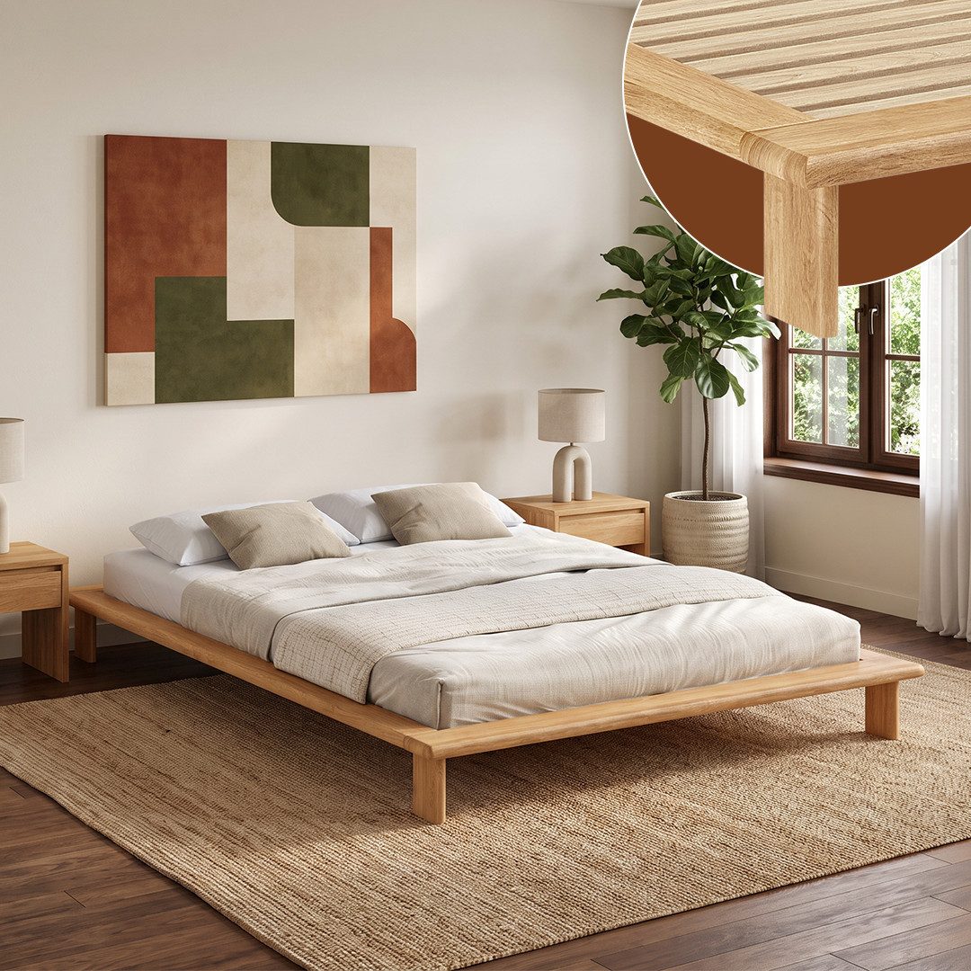 skølm Futonbett Skald aus Massivholz Eiche, Holzbett 25 cm hoch (Natur mit Lattenrost, 140x200 cm), Massivholzbett geölt & lackiert, in 120/140/160x200 cm verfügbar