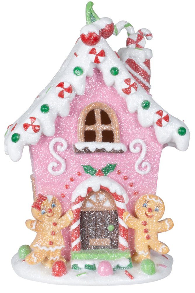 Christmas Paradise Rosa mit bunt Pfefferkuchenhaus, 20cm Weihnachtliche LED Glitzer Lebkuchenhaus mit Dekoration, Weihnachtshaus