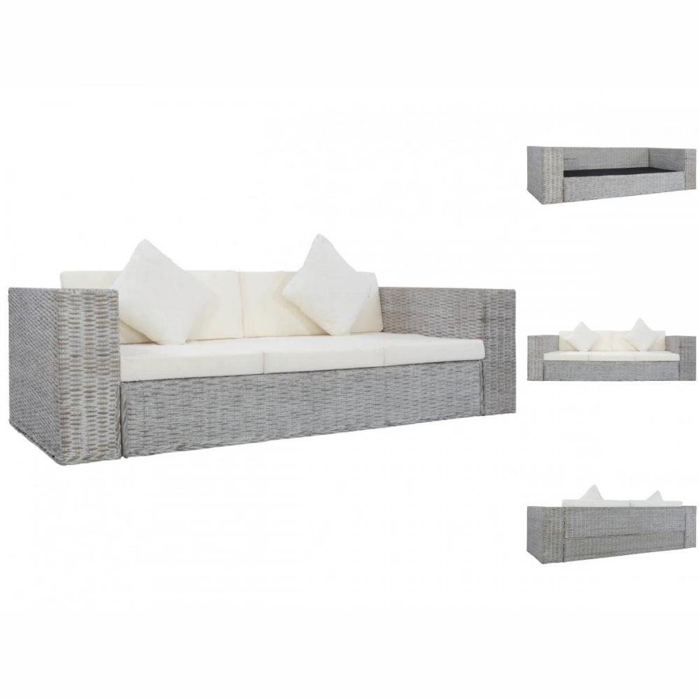vidaXL Sofa 3-Sitzer-Sofa mit Polstern Grau Natürliches Rattan Couch