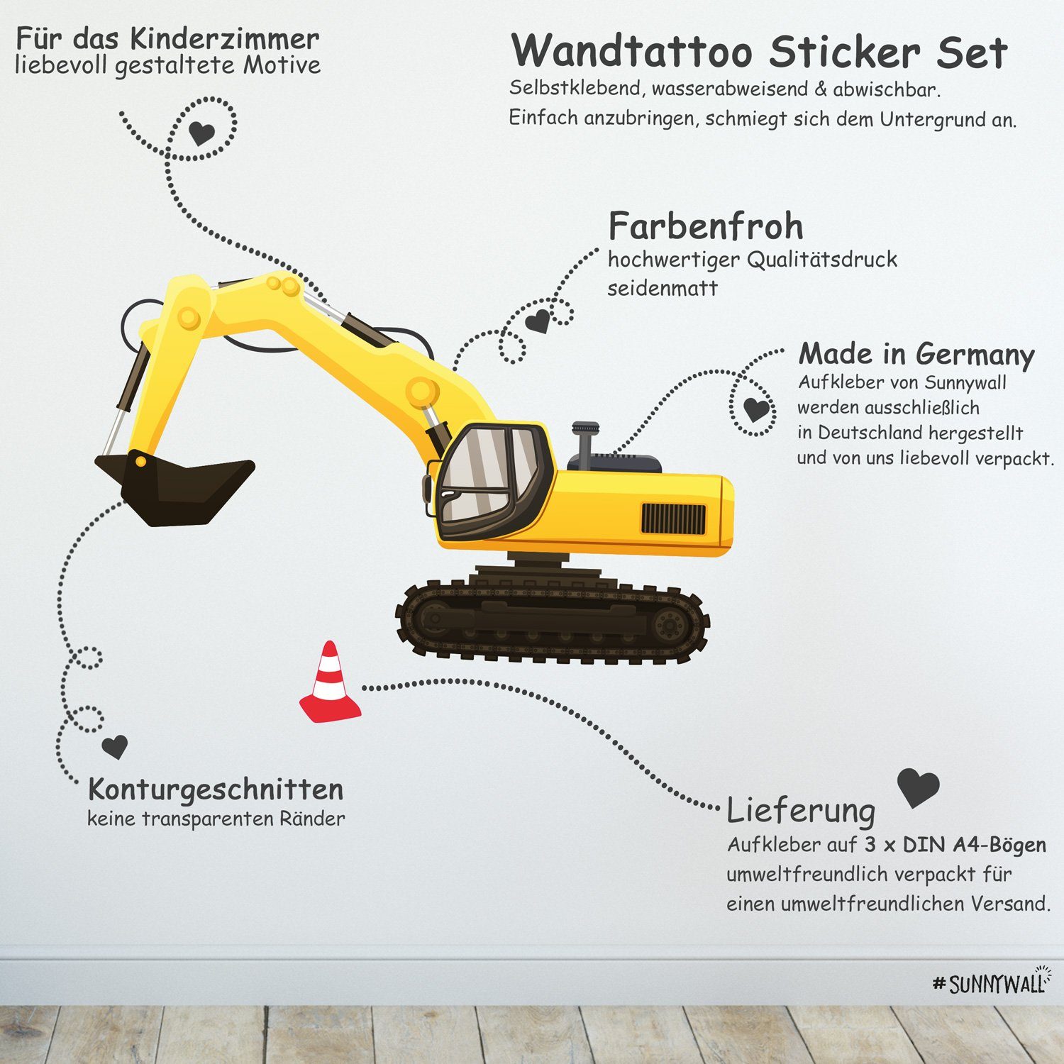 Sunnywall Wandtattoo Baufahrzeuge Wandsticker Wandtattoo (3 St), konturgesc günstig online kaufen