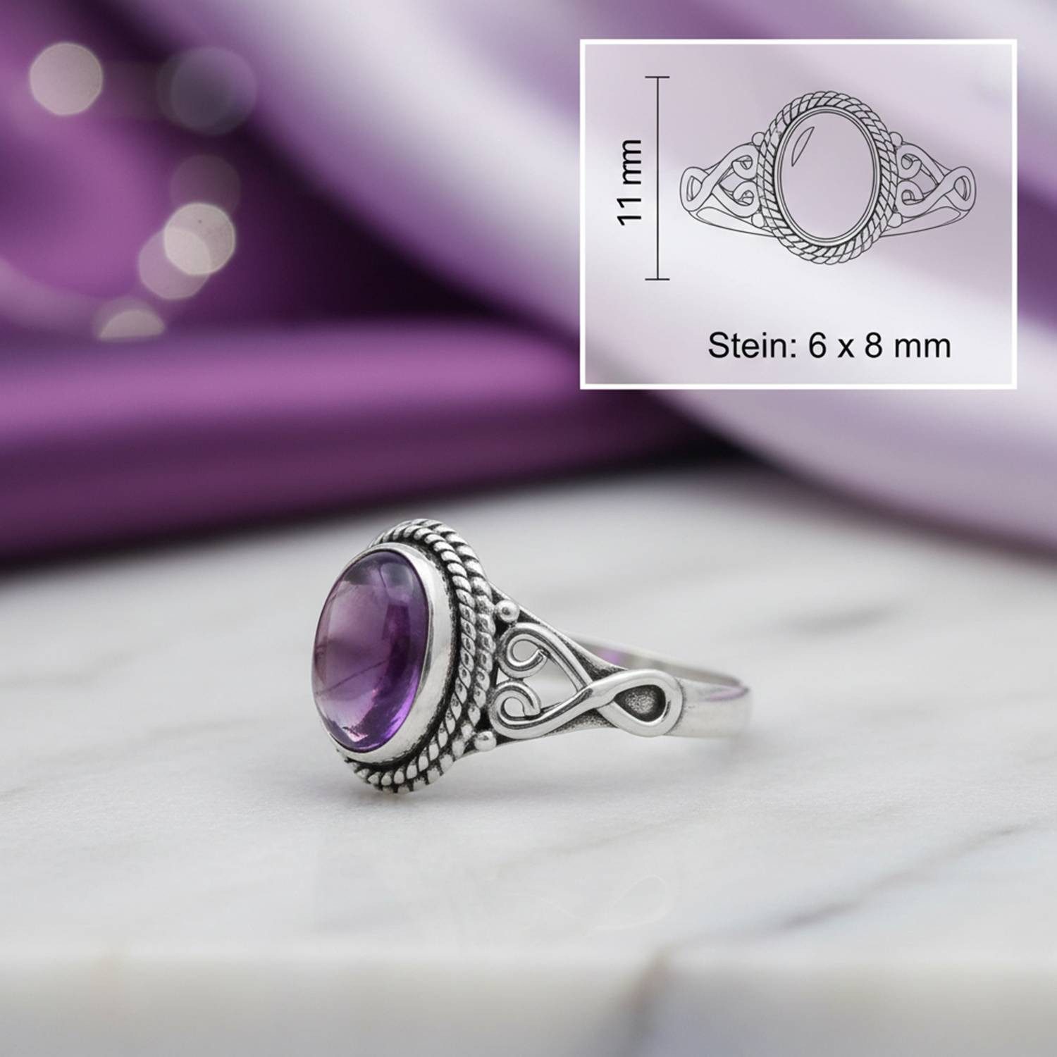 mantraroma Silberring BAGHIMI oval aus 925 Silber mit Amethyst (Ring mit Schmuckbeutel), Damenring aus 925er Silber