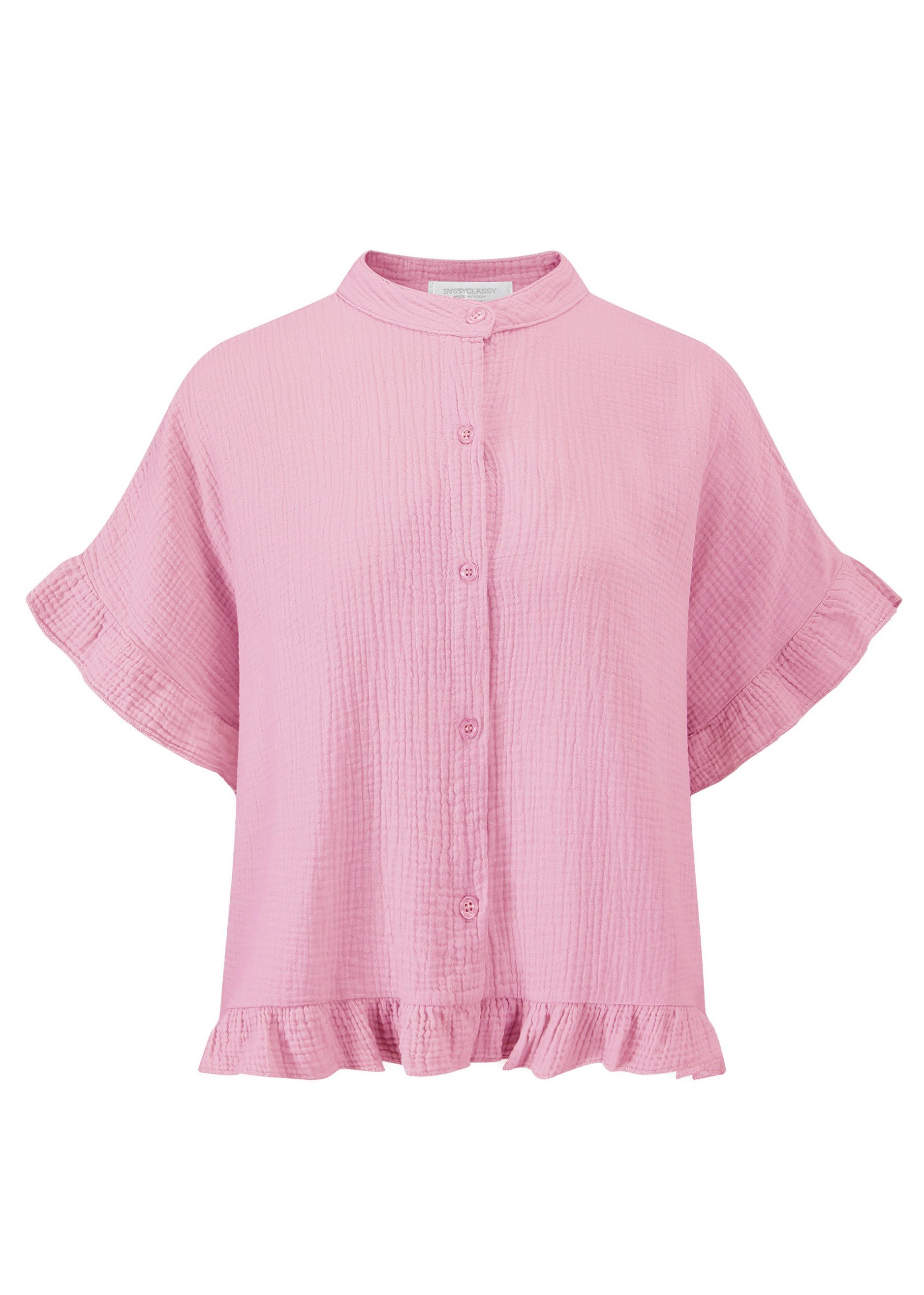 SASSYCLASSY Kurzarmbluse Oversize Musselin Hemdbluse Damen mit Rüschensaum günstig online kaufen