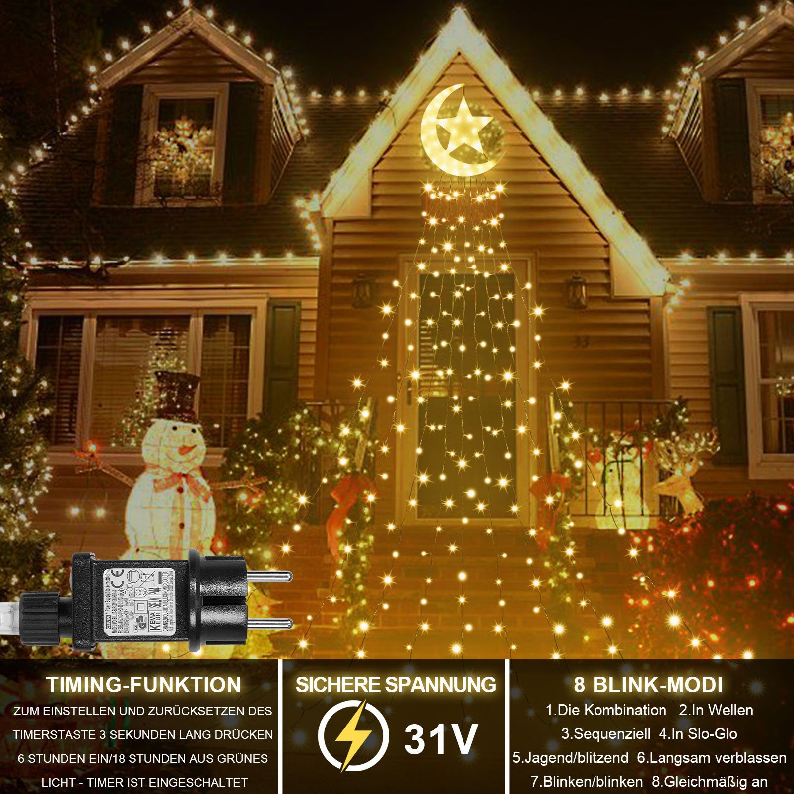 Rosnek LED-Baummantel Ramadan; Warmweiß für Weihnachten, Baum Deko; Mondstern; Innenhof 8 Speicherfunktion; 350-flammig, mit Modi, 3.47M, Stränge, Topper 9 wasserdicht, Timer, Dach