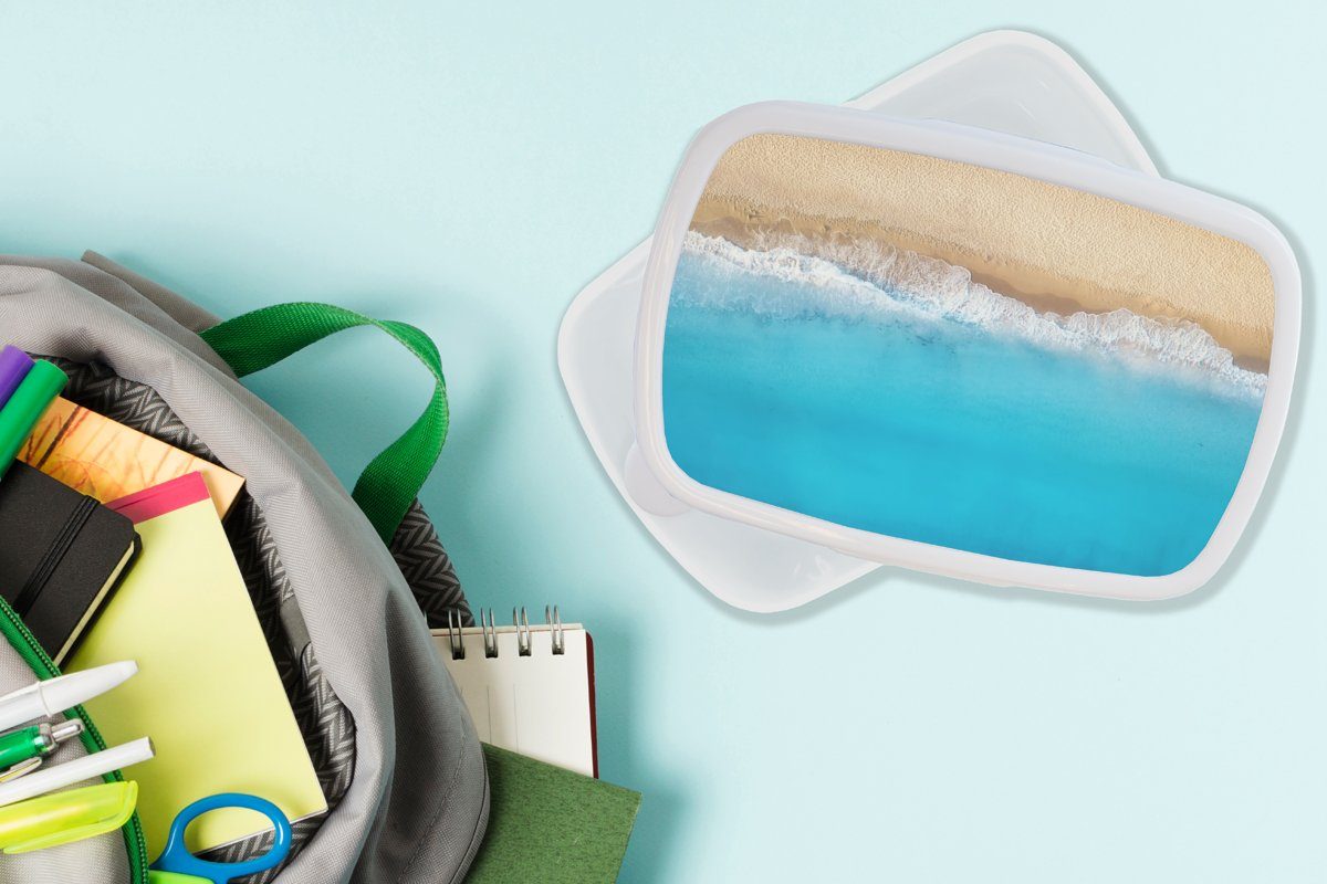 Strand Brotdose, weiß für Kinder und - Wasser (2-tlg), Brotbox Lunchbox MuchoWow Jungs für Erwachsene, Blau, Mädchen Kunststoff, und -