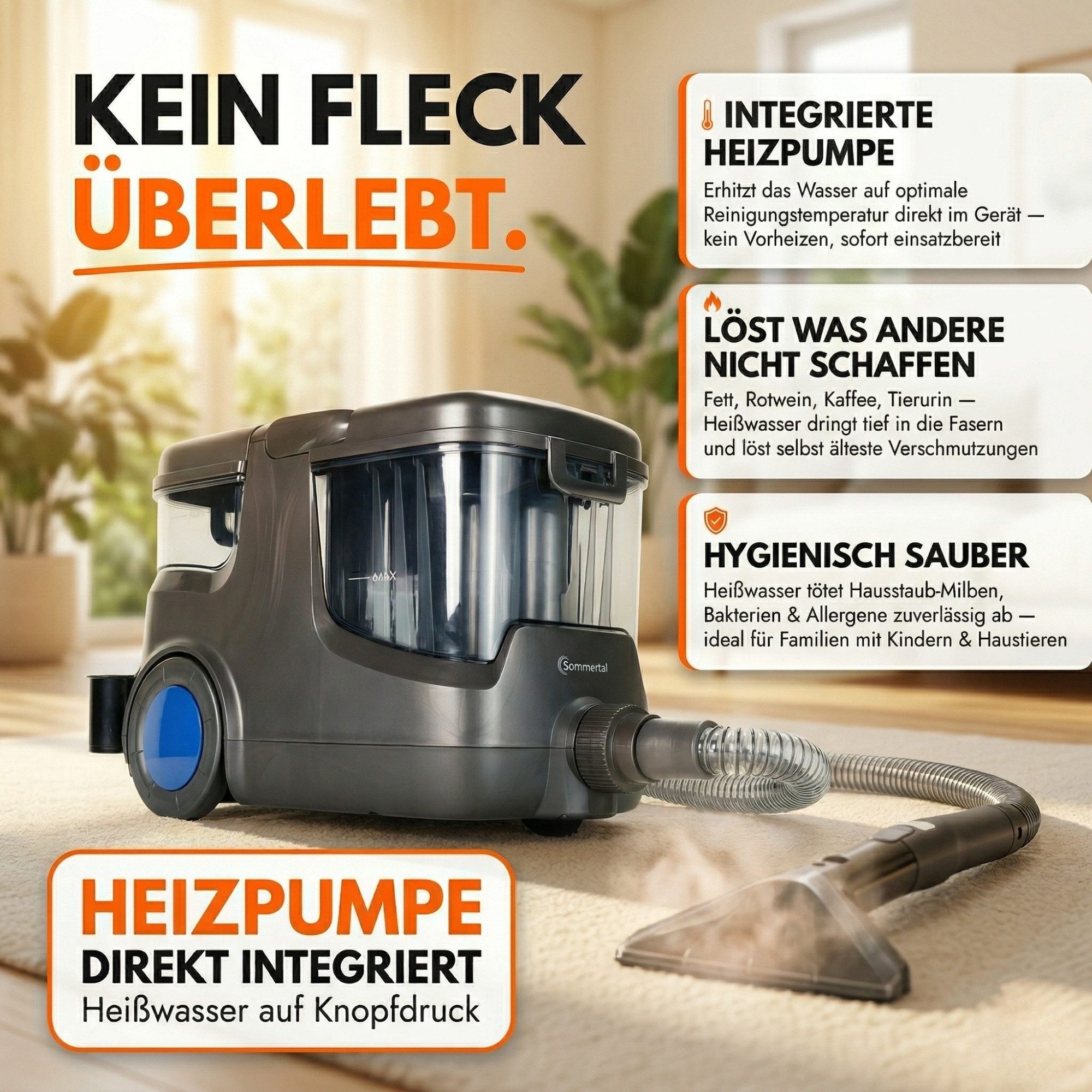 Sommertal Teppichreinigungsgerät Sommertal HYDRO 9000 MAX Waschsauger – 1.000W & 28 kPa, 1000 W, Teppichreiniger & Polsterreiniger mit Dampfsauger & Nasssauger