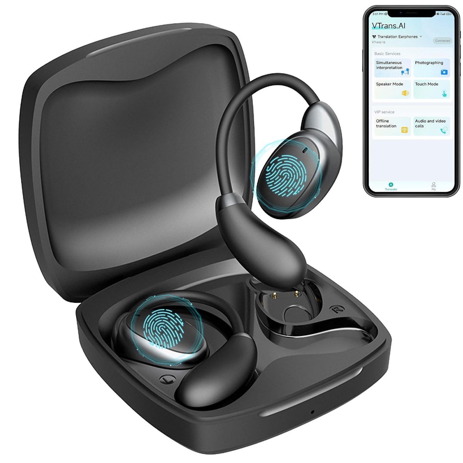 Toomoke In Ear Ohrhörer, 3-in-1 AI Übersetzer Bluetooth Kopfhörer Open-Ear-Kopfhörer (3-in-1 Übersetzungskopfhörer mit echtzeit übersetzung, Bluetooth Kopfhörer mit Ohrhaken und ENC Mic, Bluetooth 5.4 Sport-Kopfhörer Echtzeit Übersetzer Ohrhörer für Lerne