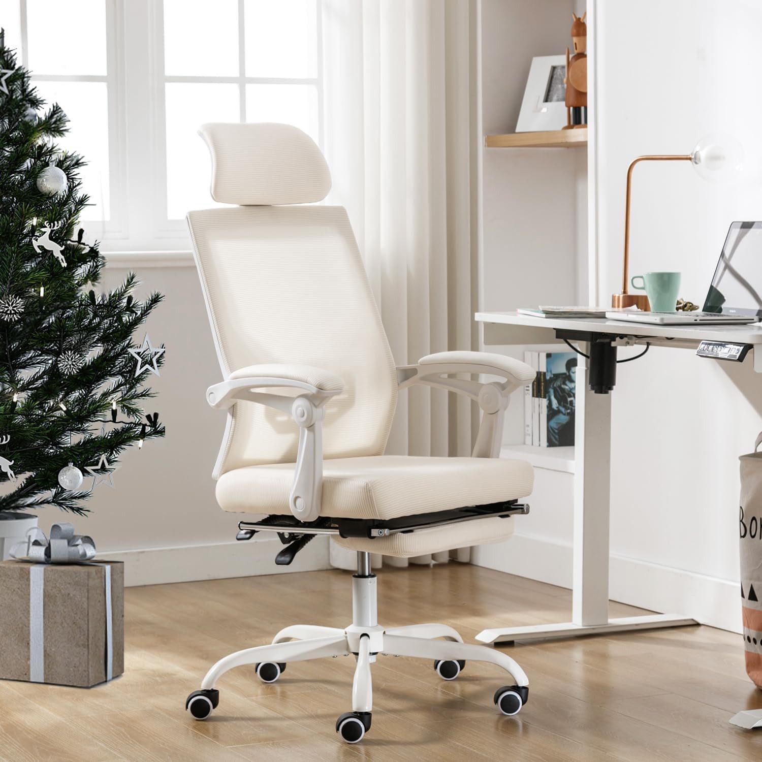 UEV Bürostuhl Schreibtischstuhl ergonomisch,Chefsessel bis 136 kg Höhenverstellbar (atmungsaktiver Stoff drehstuhl mit Armlehnen, Dynamischer Lordosenstütze), neigebar bis 135° verstellbarer Kopfstütze Fußstütze