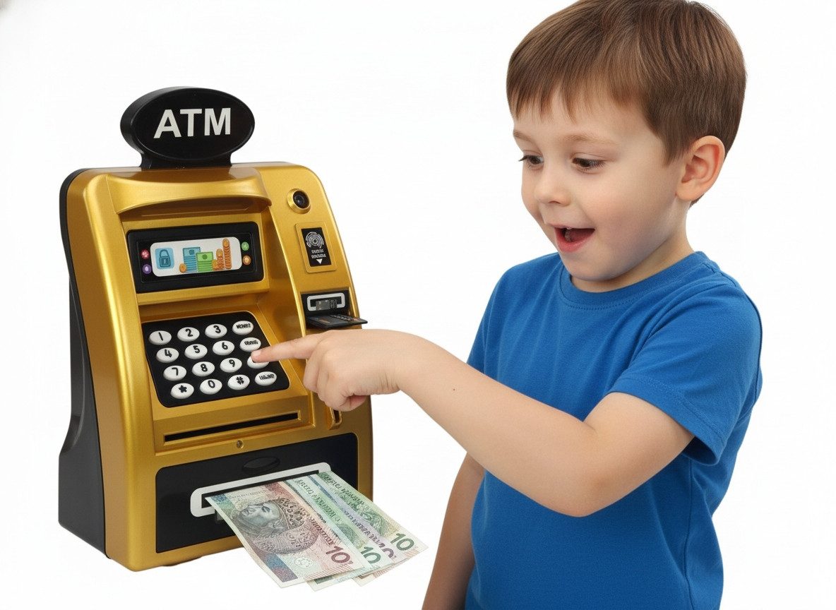 COIL Spardose Elektronisches Spardose, Sparschwein, Mini-Safe, Geldautomat, PIN-Code, Sparschwein, Banknoten und Münzen, Soundeffekte