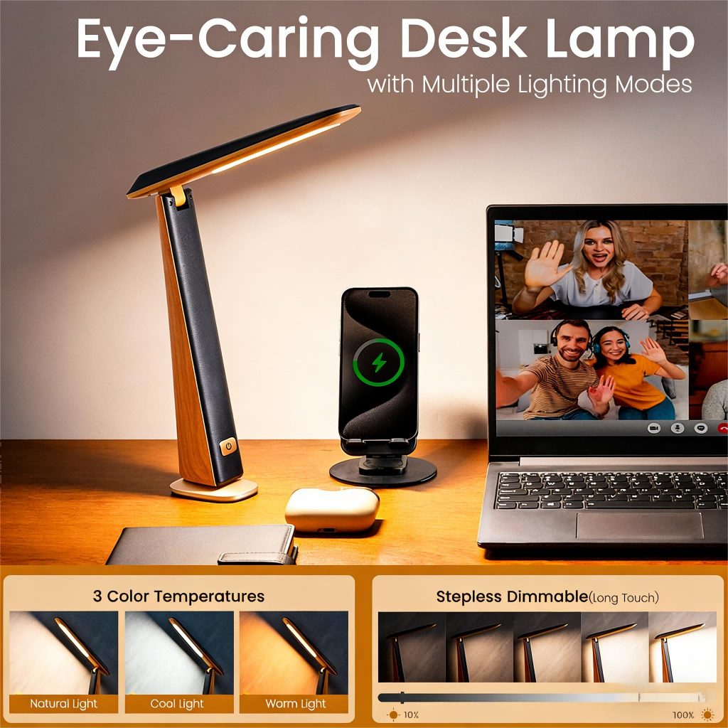 Toomoke LED Schreibtischlampe USB-ladbare kabellose faltbare augenfreundliche Schreibtischlampe, Drei Farbtemperaturen, stufenloses Dimmen Tragbare Leseleuchte