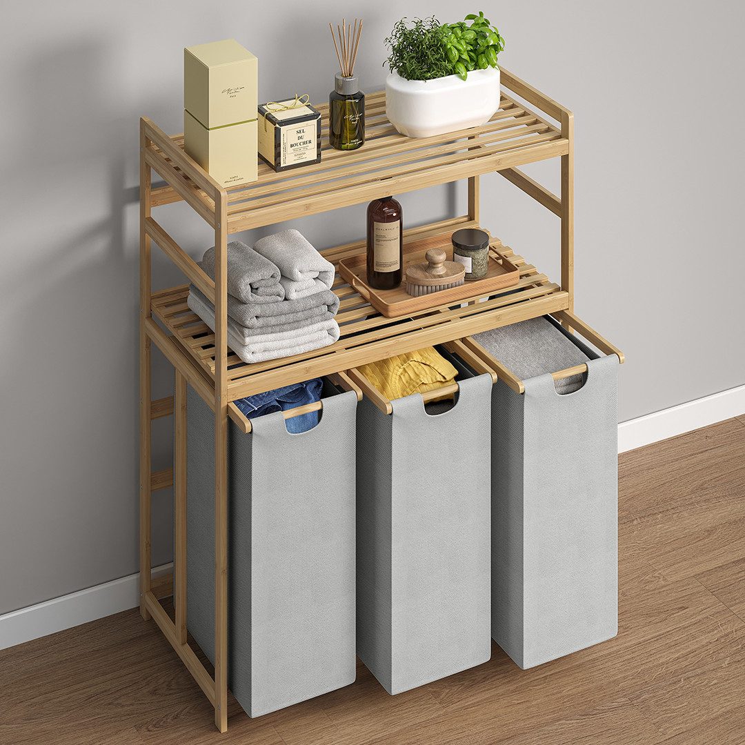 Bellamio Wäschekorb Newa aus Bambus (3 Fächer mit 2 Ablagen, Hellgrau 150 L günstig online kaufen